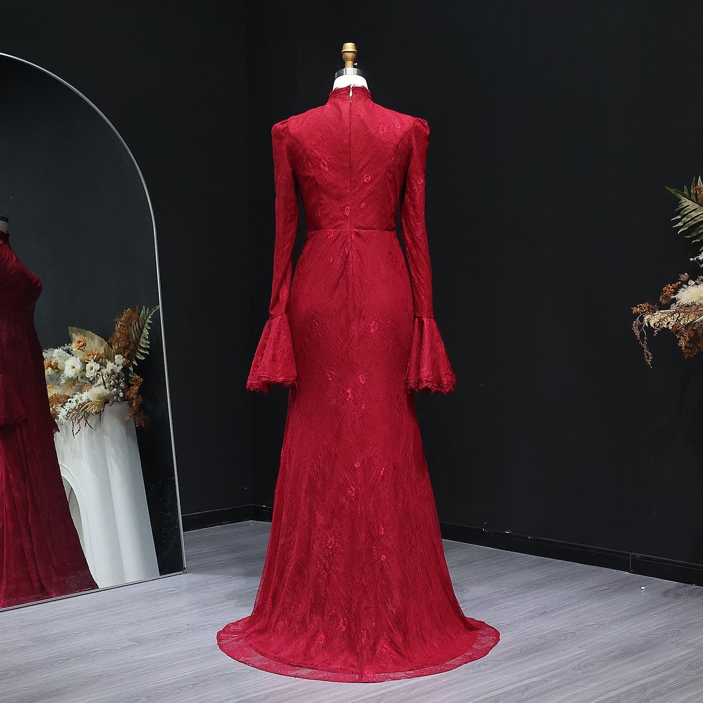 Burgundy High Neck Evening Dress with Lace Long Flare Sleeves SF484