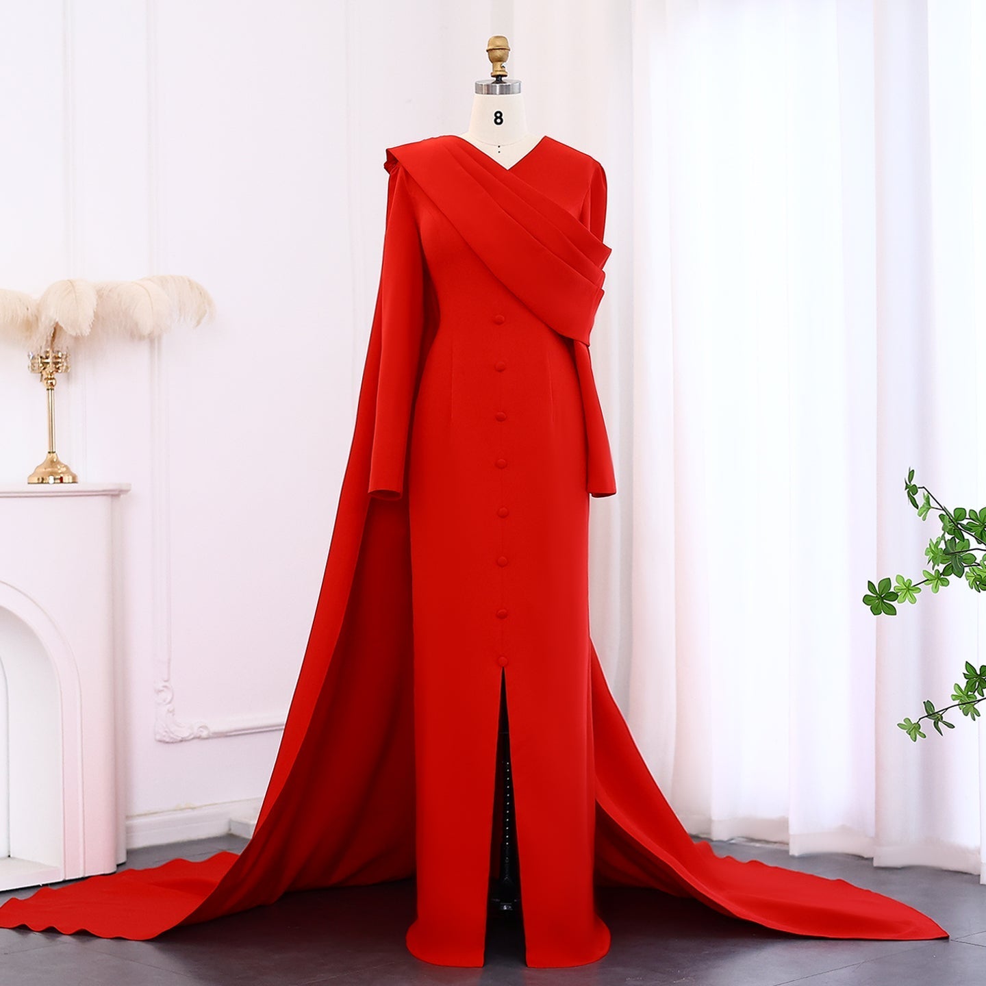 Elegant Red Long Sleeve Evening Dress with Cape SF137  Red / US 16
