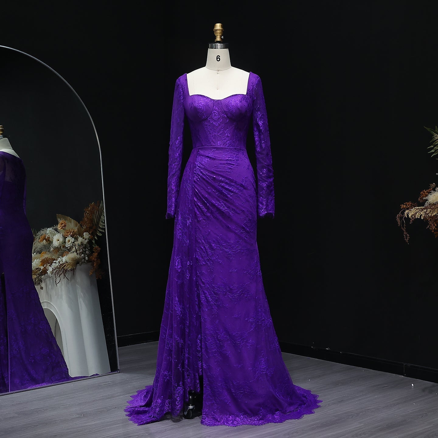 Elegant Purple Lace Long Sleeve Evening Dress SF075