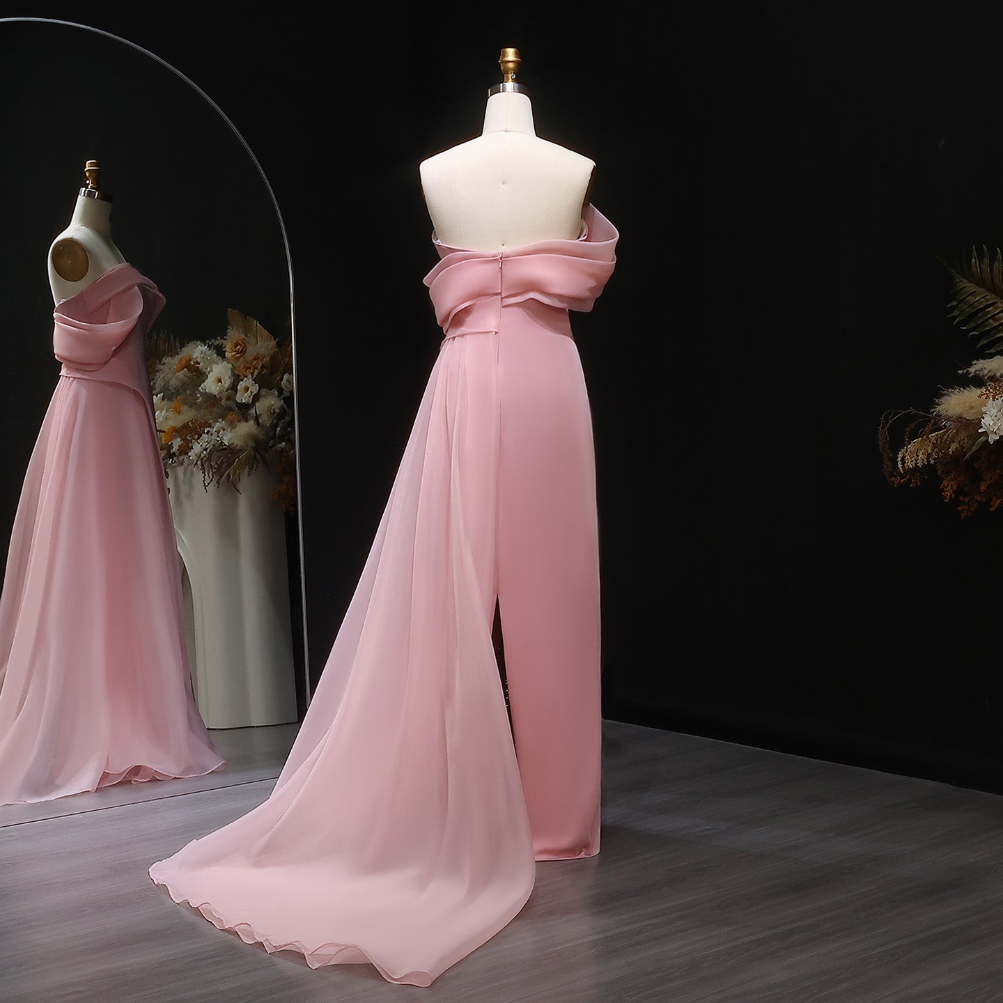 Elegant Pink Off Shoulder Evening Dress with Overskirt SF370