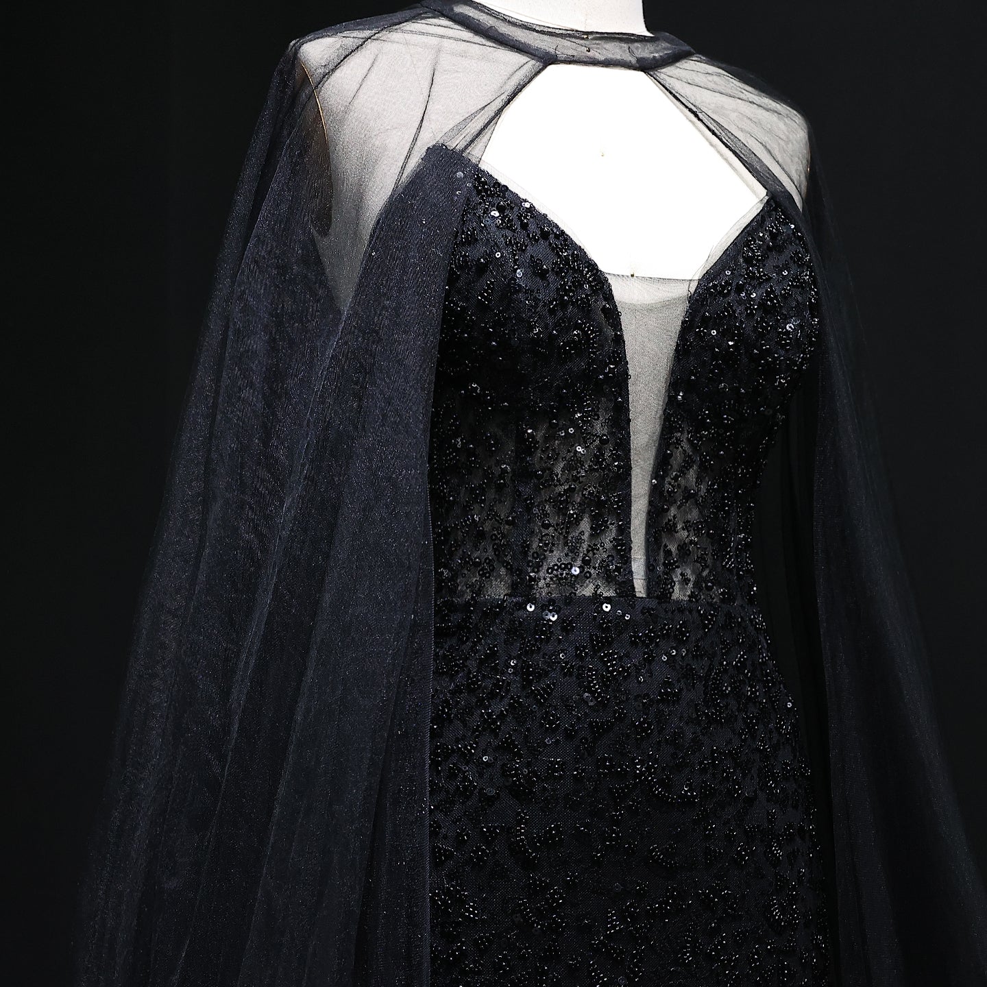 Elegant Purple Beaded Evening Gowns with Sheer Cape SS198