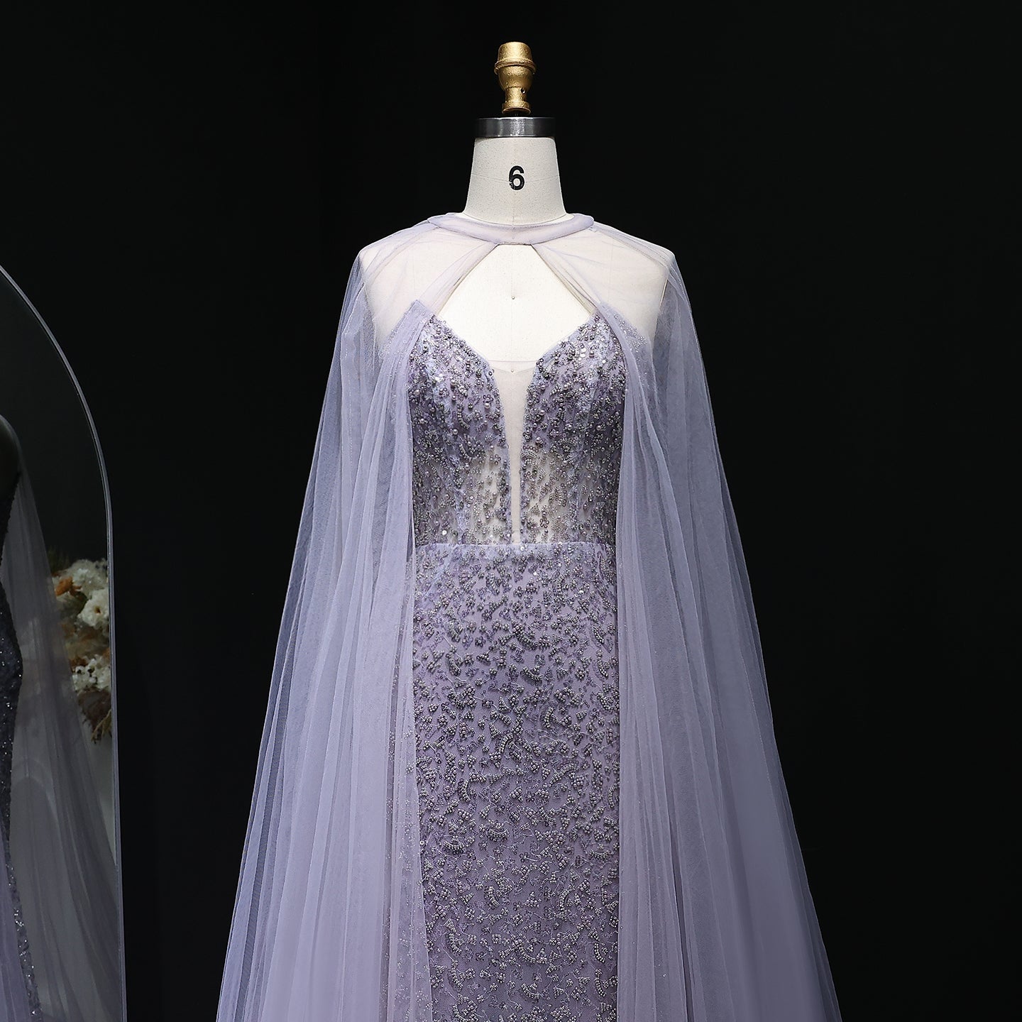 Elegant Purple Beaded Evening Gowns with Sheer Cape SS198