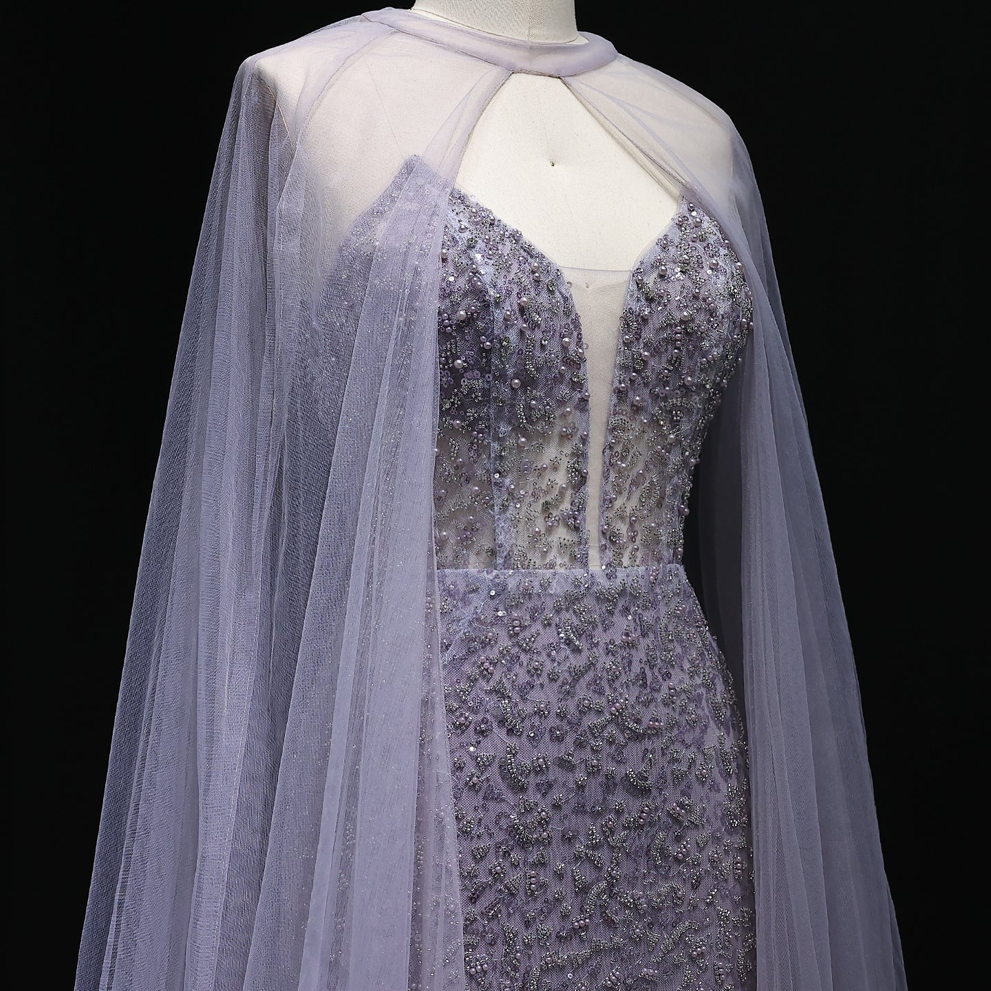 Elegant Purple Beaded Evening Gowns with Sheer Cape SS198