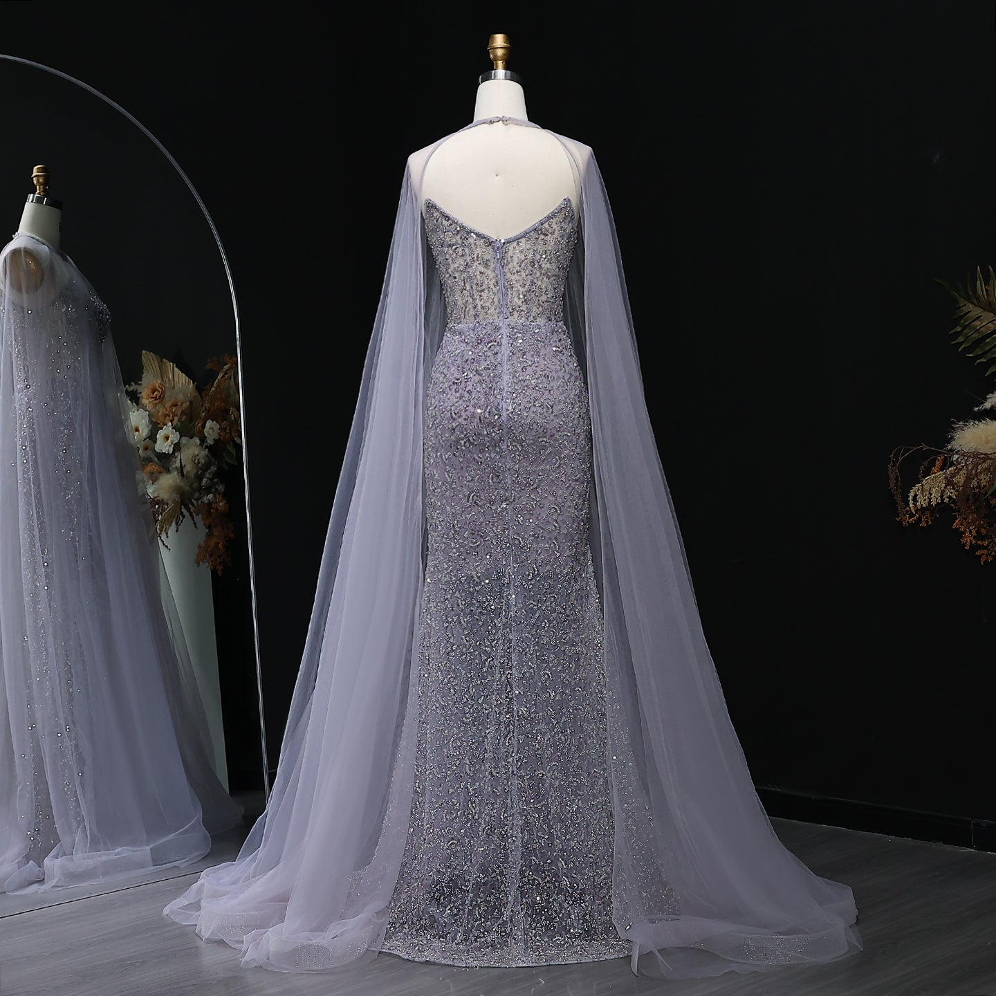 Elegant Purple Beaded Evening Gowns with Sheer Cape SS198