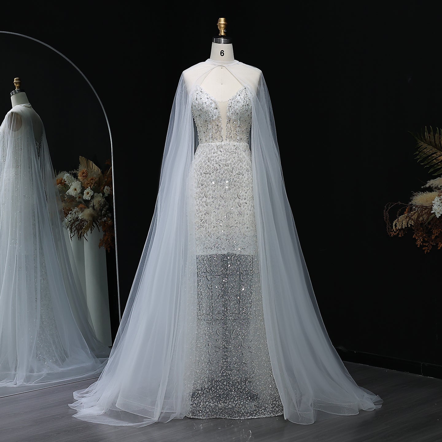 Elegant Purple Beaded Evening Gowns with Sheer Cape SS198  White / US 18