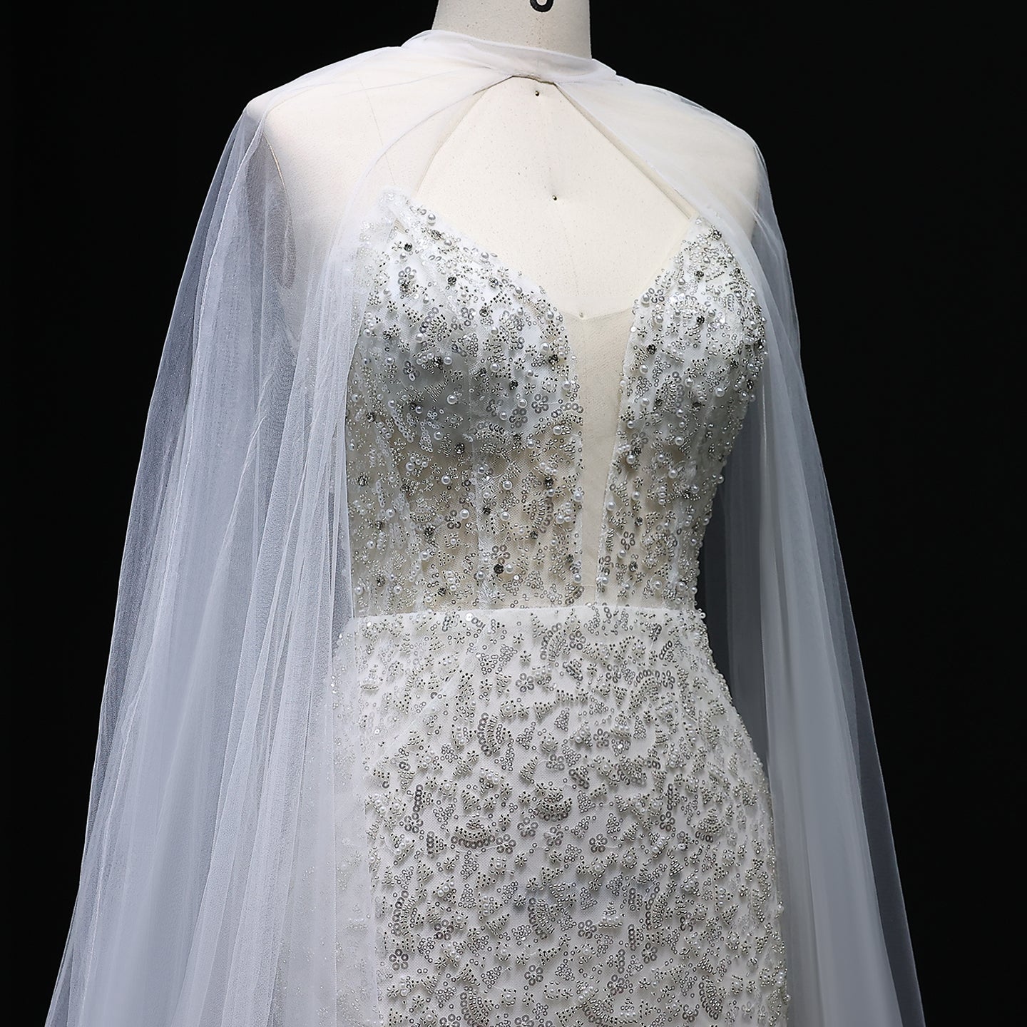 Elegant Purple Beaded Evening Gowns with Sheer Cape SS198