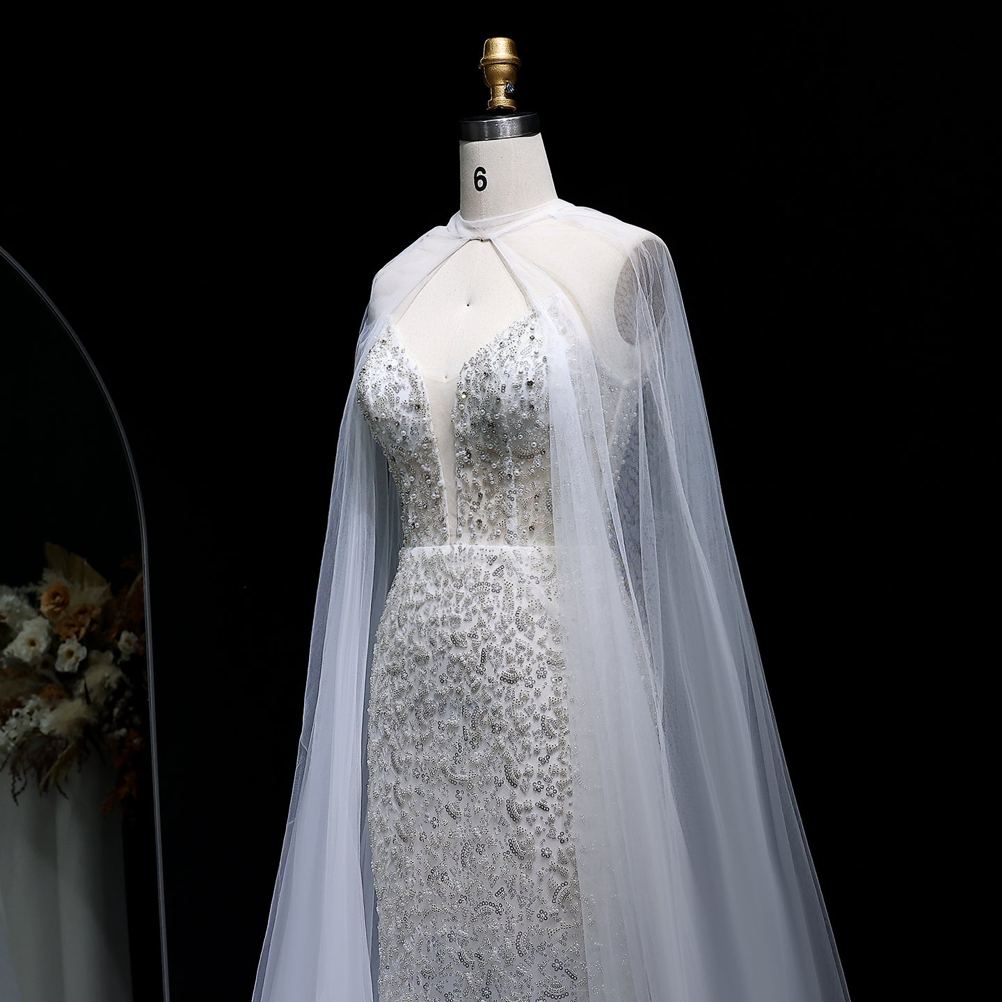 Elegant Purple Beaded Evening Gowns with Sheer Cape SS198