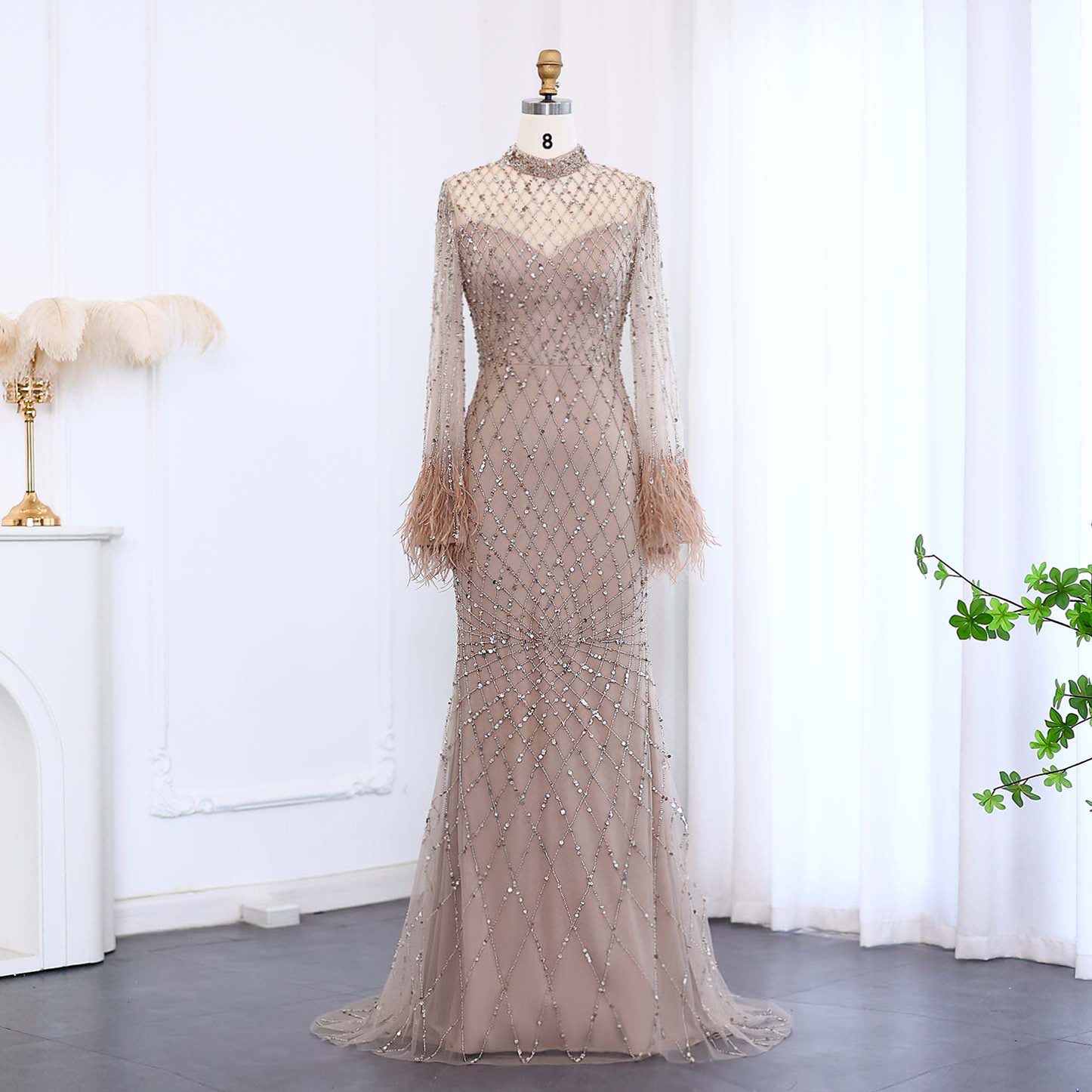 Luxury Feathers Long Sleeves High Neck Evening Dress SS144  Nude / US 18