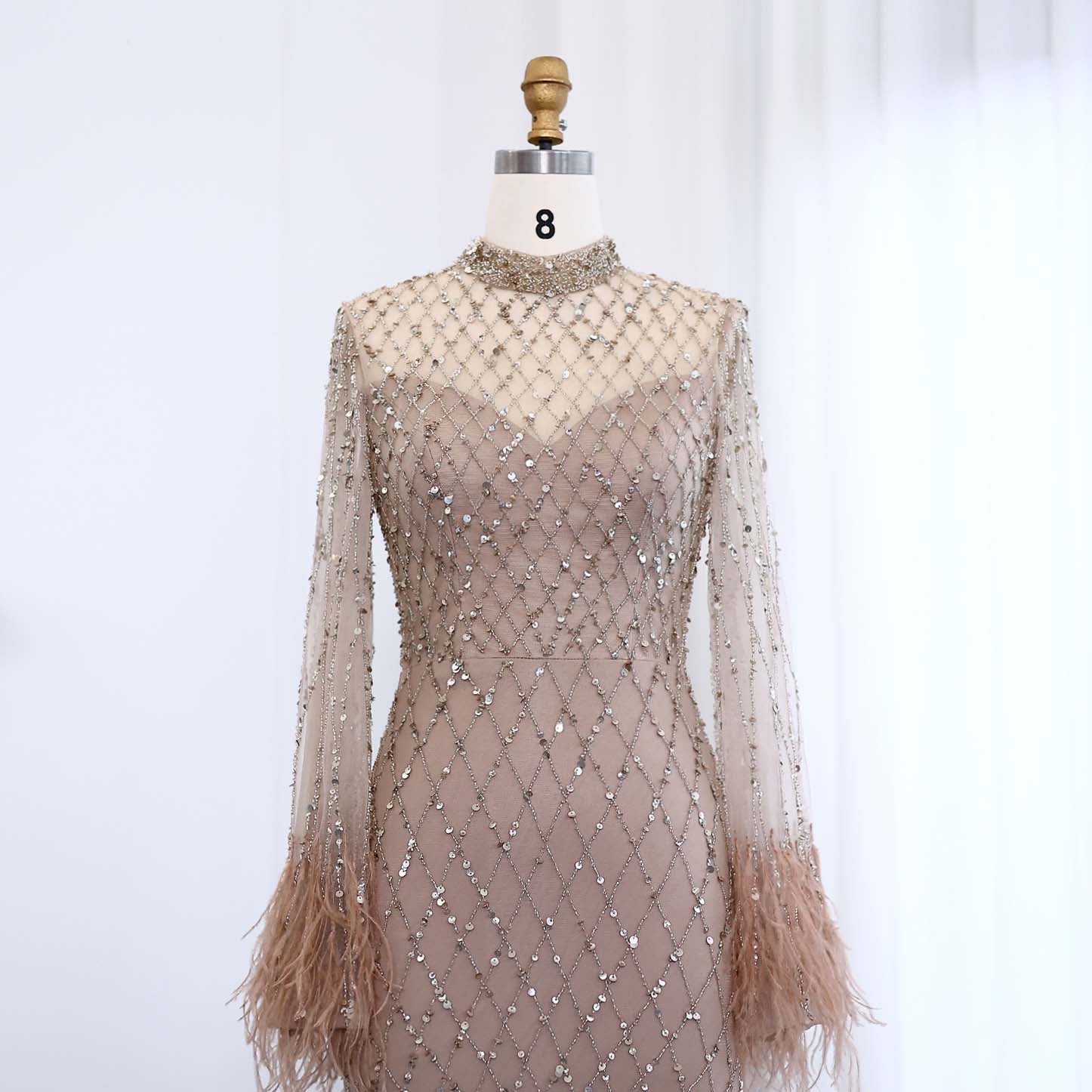 Luxury Feathers Long Sleeves High Neck Evening Dress SS144