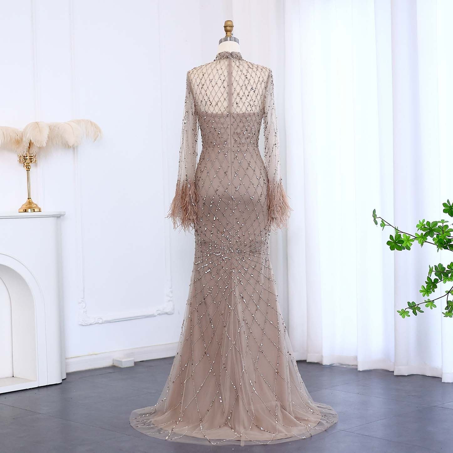 Luxury Feathers Long Sleeves High Neck Evening Dress SS144