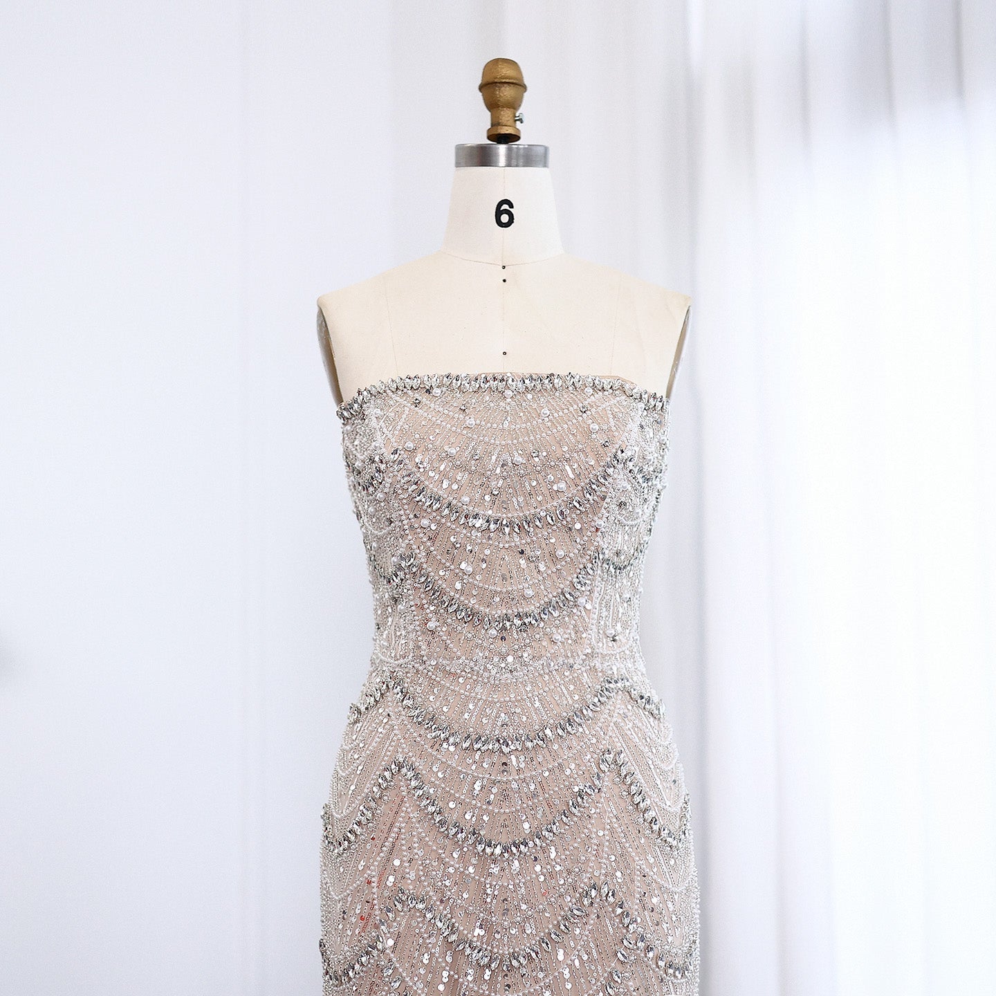 Luxury Pearls Silver Nude Strapless Evening Dress SS681