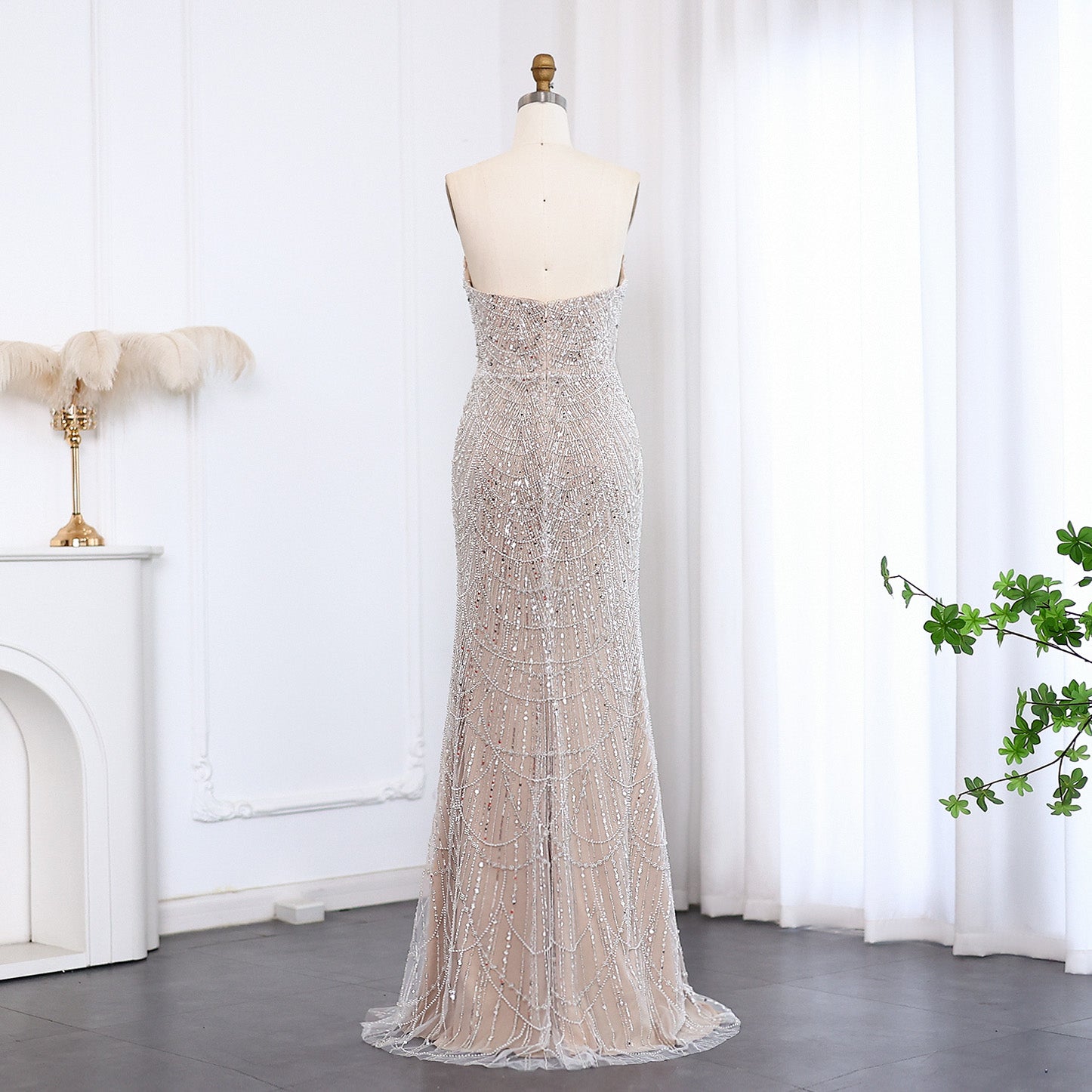 Luxury Pearls Silver Nude Strapless Evening Dress SS681
