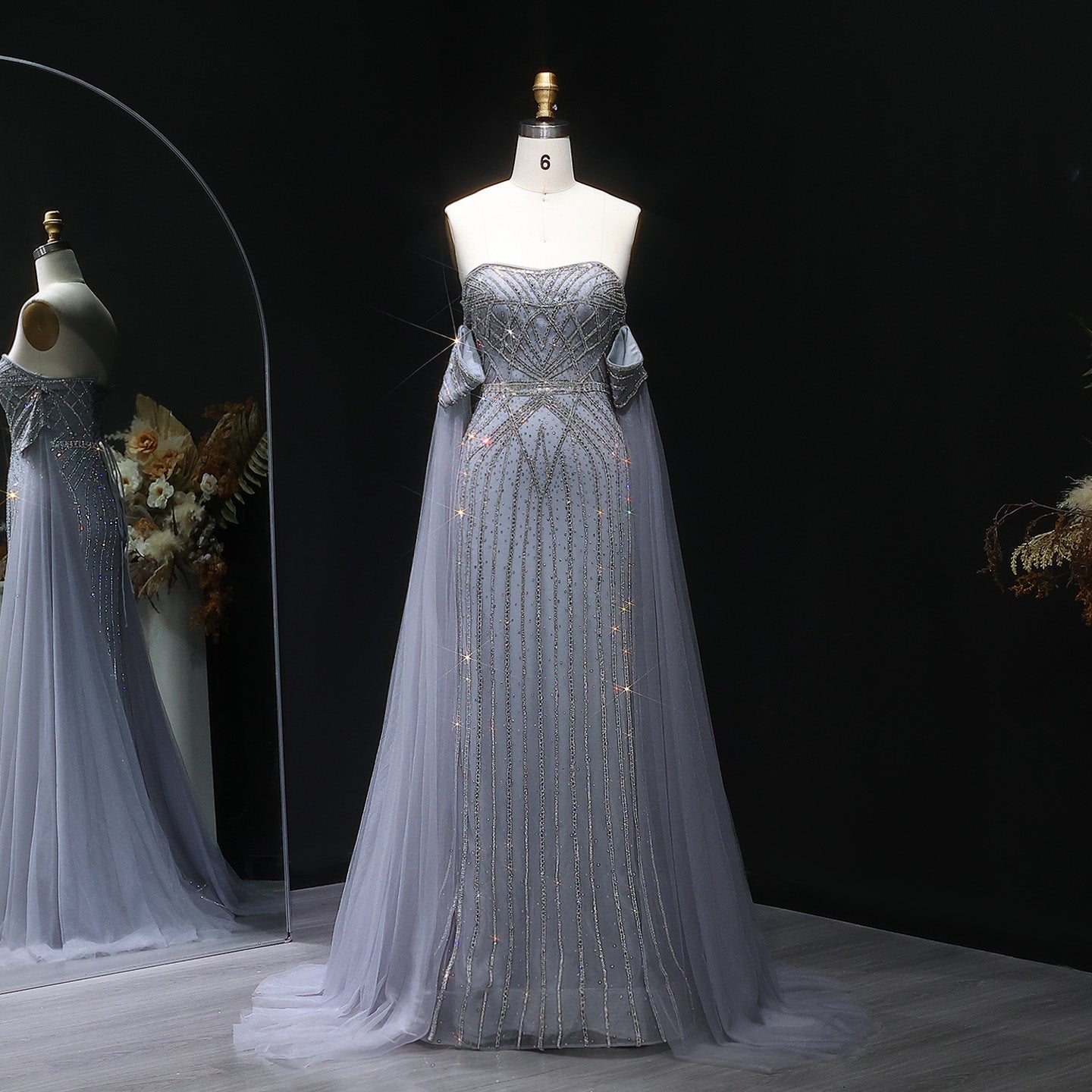 Sparkling Rhinestones Pink Evening Dress with Cape Sleeves SS654  Gray / US 16