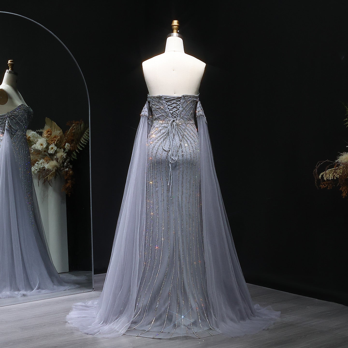 Sparkling Rhinestones Pink Evening Dress with Cape Sleeves SS654