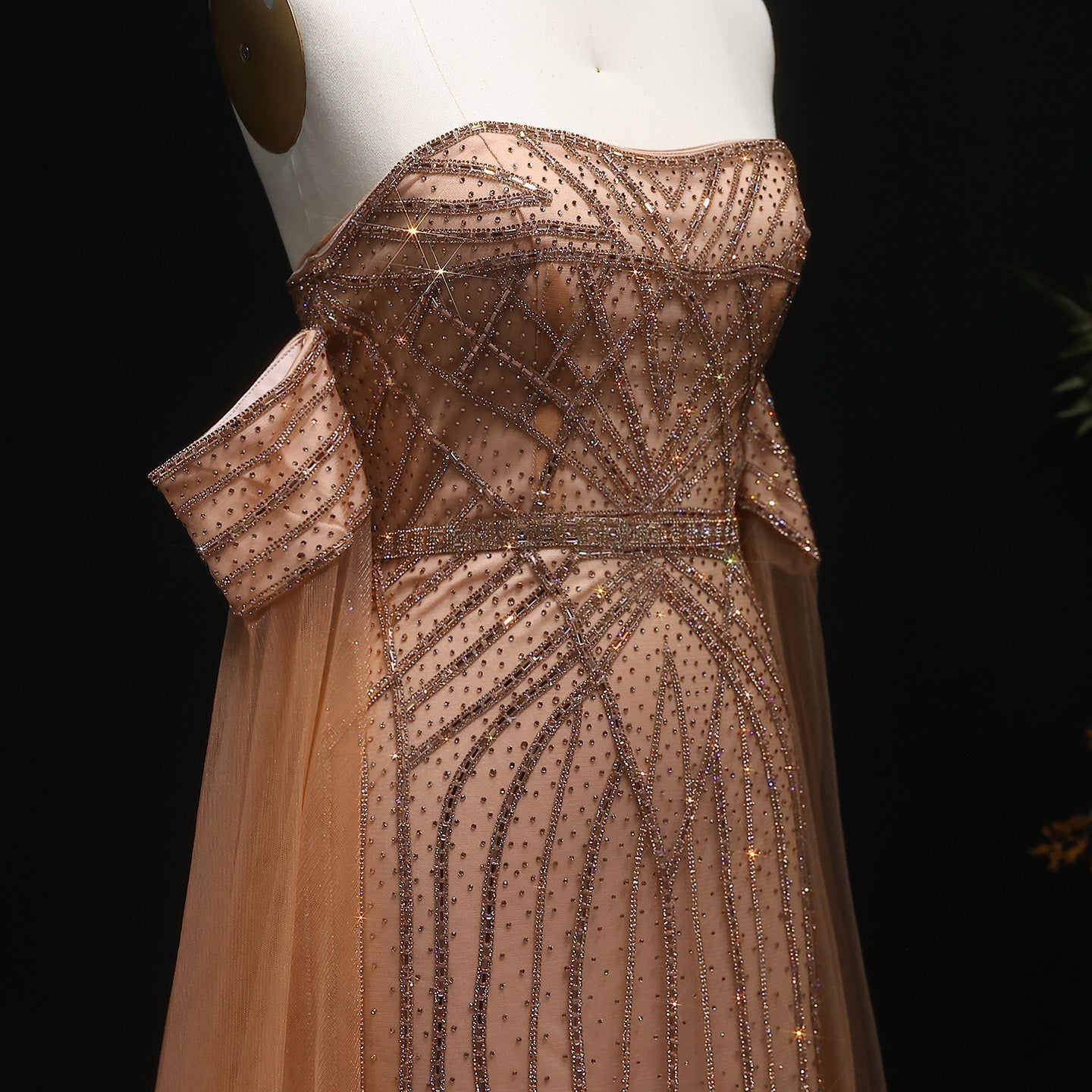 Sparkling Rhinestones Pink Evening Dress with Cape Sleeves SS654