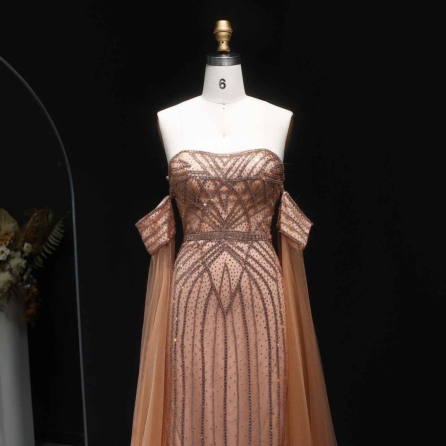 Sparkling Rhinestones Pink Evening Dress with Cape Sleeves SS654