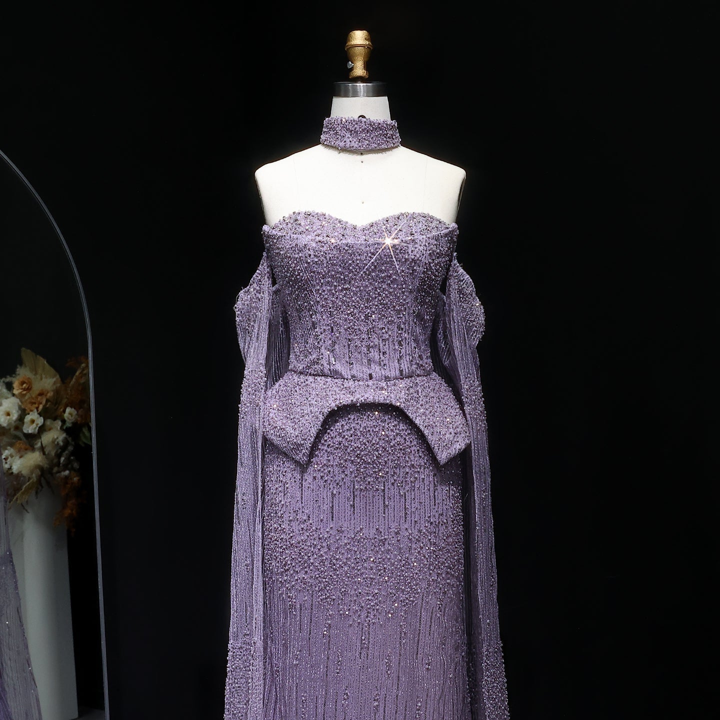 Stunning Gold Crystal Off Shoulder Evening Dress with Cape Sleeves SS558