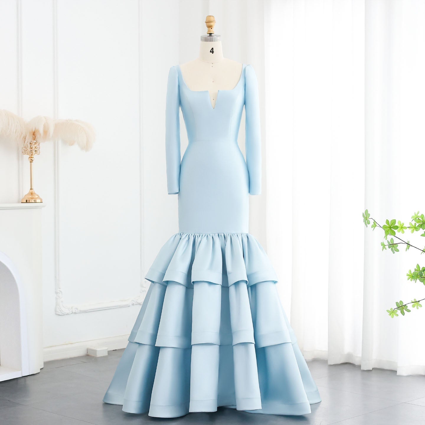 Elegant Blue Satin Long Sleeves Mermaid Evening Dress SF015  Blue / US 16
