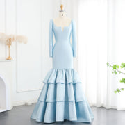 Elegant Blue Satin Long Sleeves Mermaid Evening Dress SF015  Blue / US 16