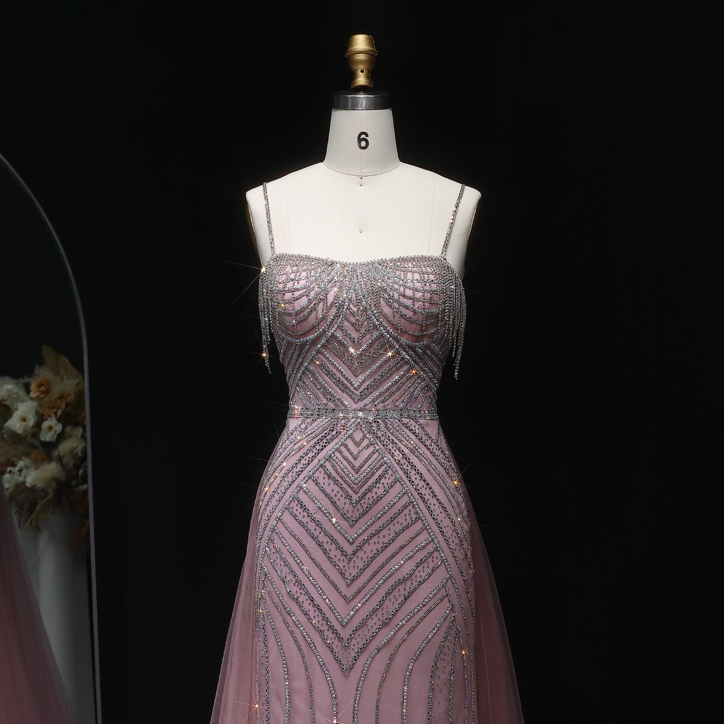 Sparkly Crystal Tassel Pink Evening Dress with Overskirt SS649