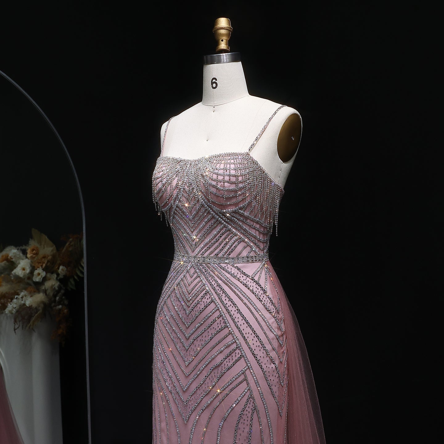 Sparkly Crystal Tassel Pink Evening Dress with Overskirt SS649