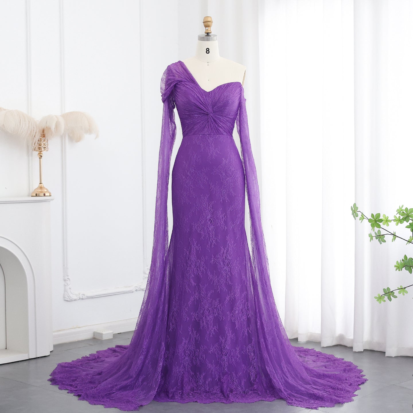 Purple Lace Mermaid Evening Dress with Cape Sleeves SF055  Purple / US 16