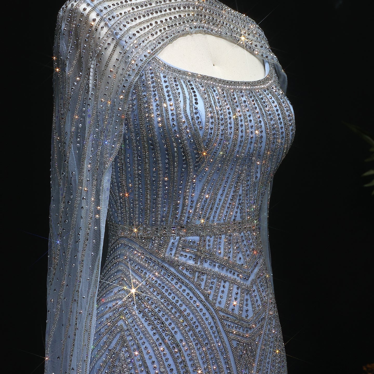 Sparkly Crystal Blue Evening Dress with Cape SS657