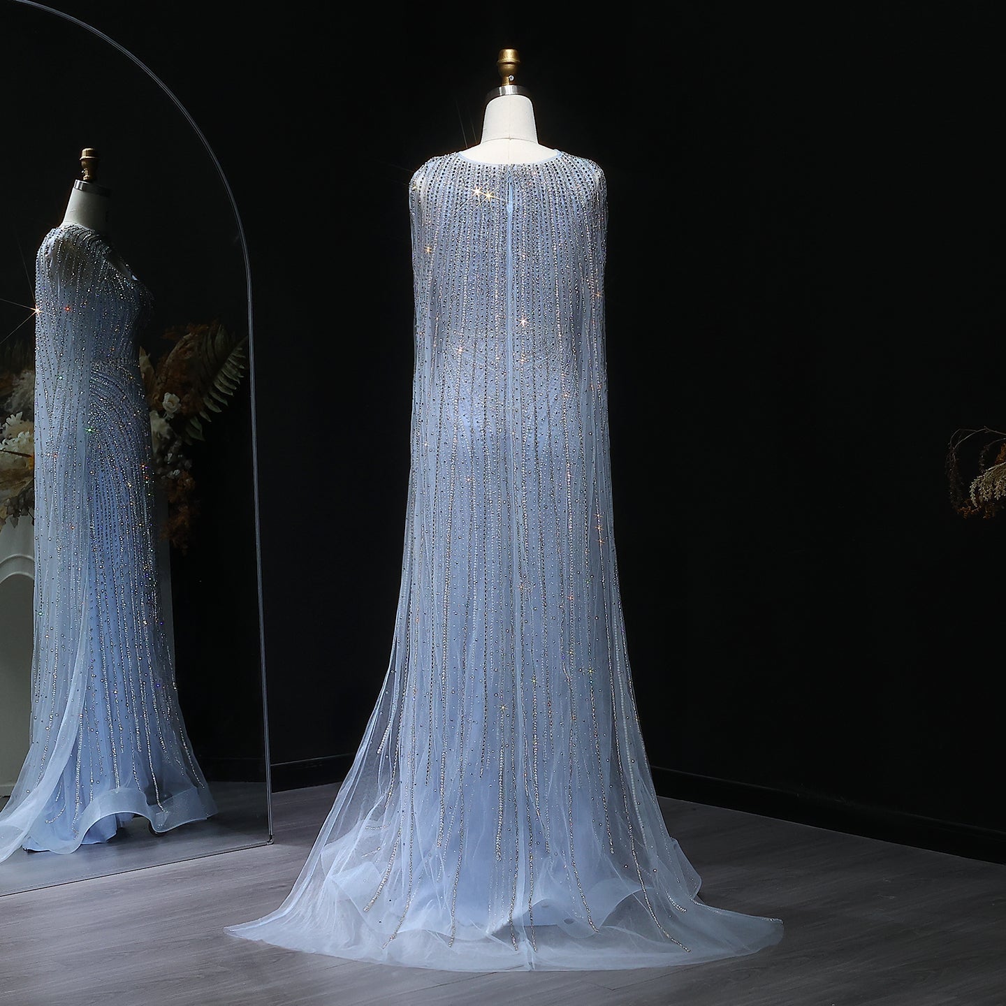 Sparkly Crystal Blue Evening Dress with Cape SS657