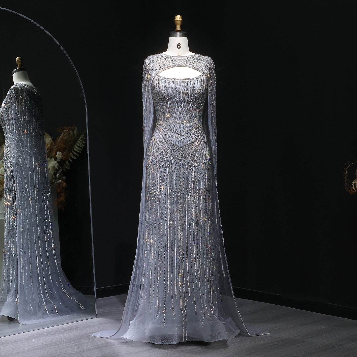 Sparkly Crystal Blue Evening Dress with Cape SS657  Gray / US 18