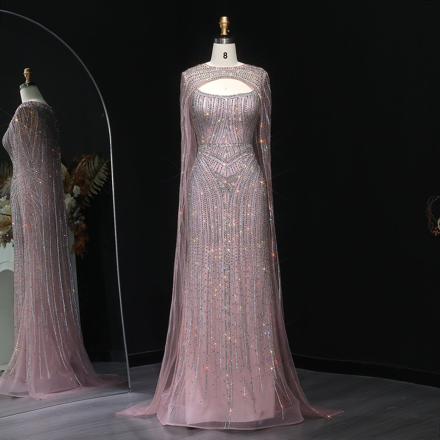 Sparkly Crystal Blue Evening Dress with Cape SS657  Pink / US 18