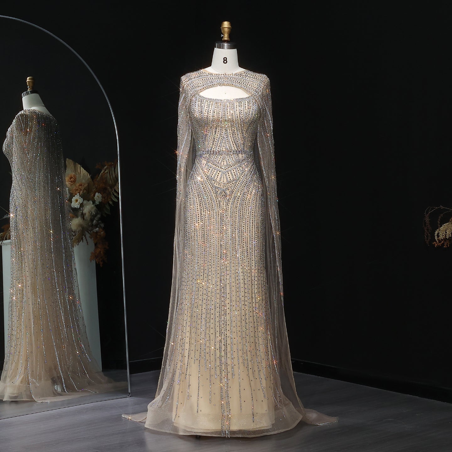 Sparkly Crystal Blue Evening Dress with Cape SS657  Champagne / US 18