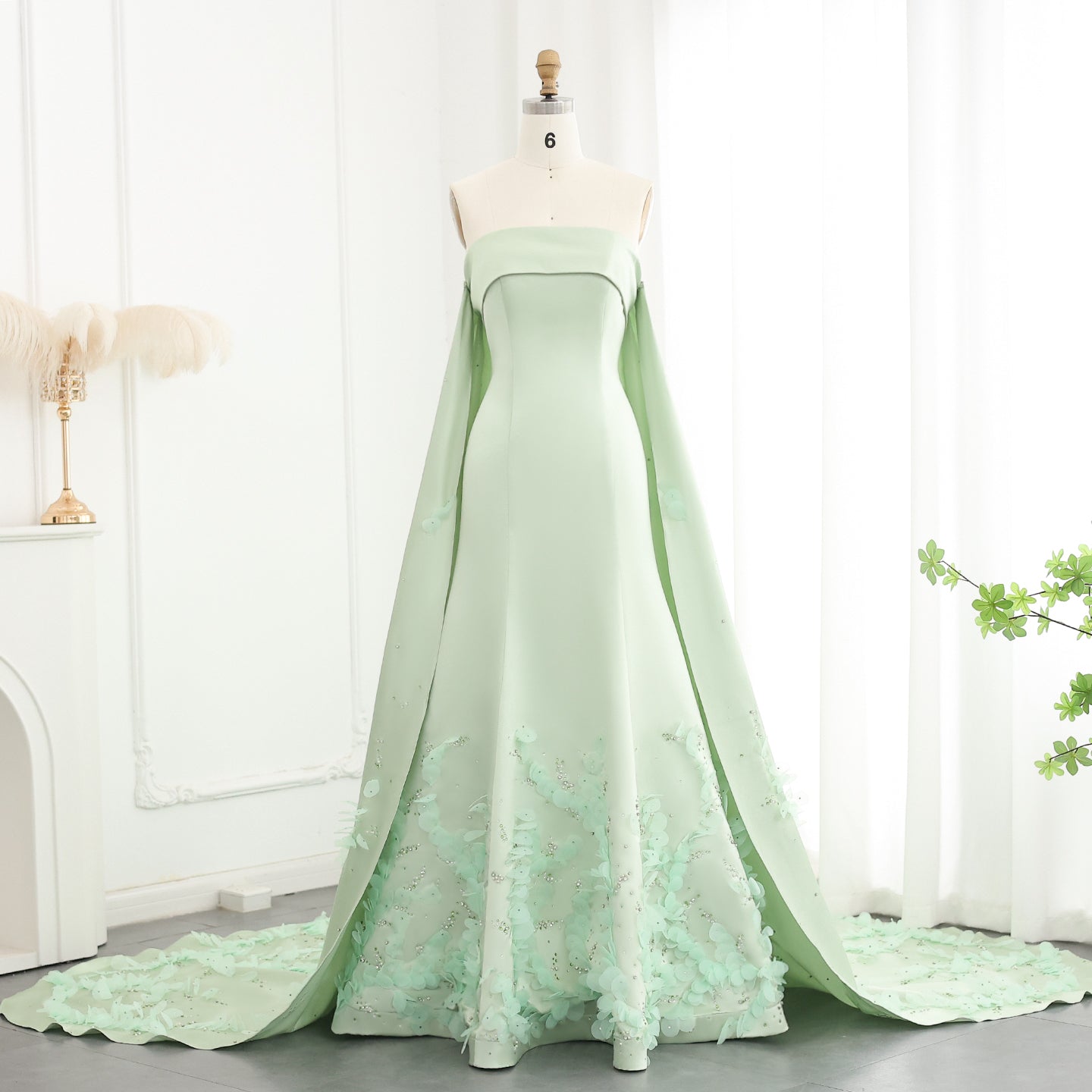 Luxury Crystal 3D Leaves Sage Green Evening Dress with Cape SS449