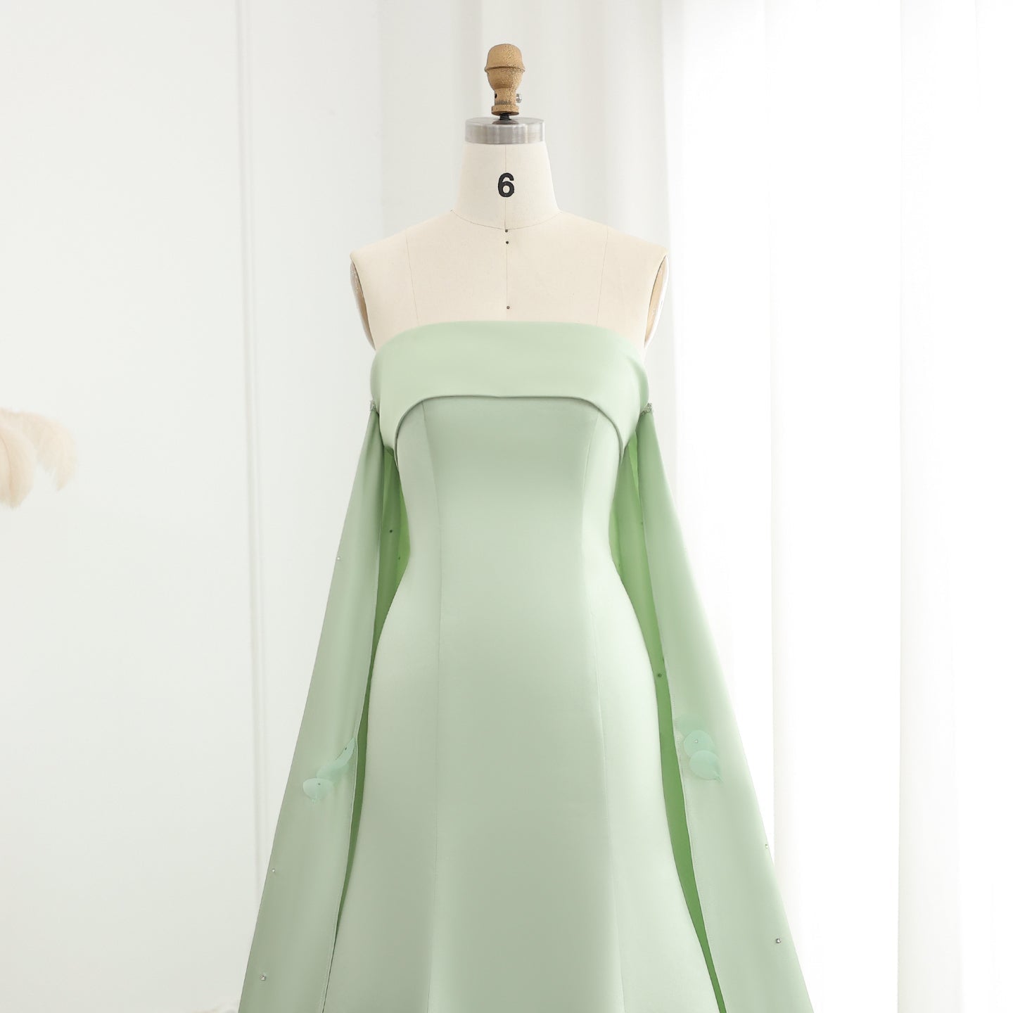 Luxury Crystal 3D Leaves Sage Green Evening Dress with Cape SS449