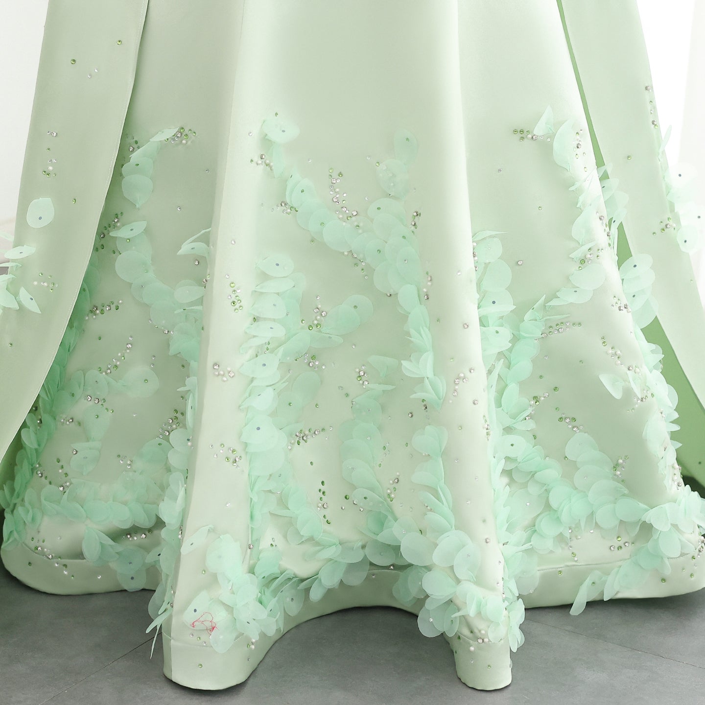 Luxury Crystal 3D Leaves Sage Green Evening Dress with Cape SS449