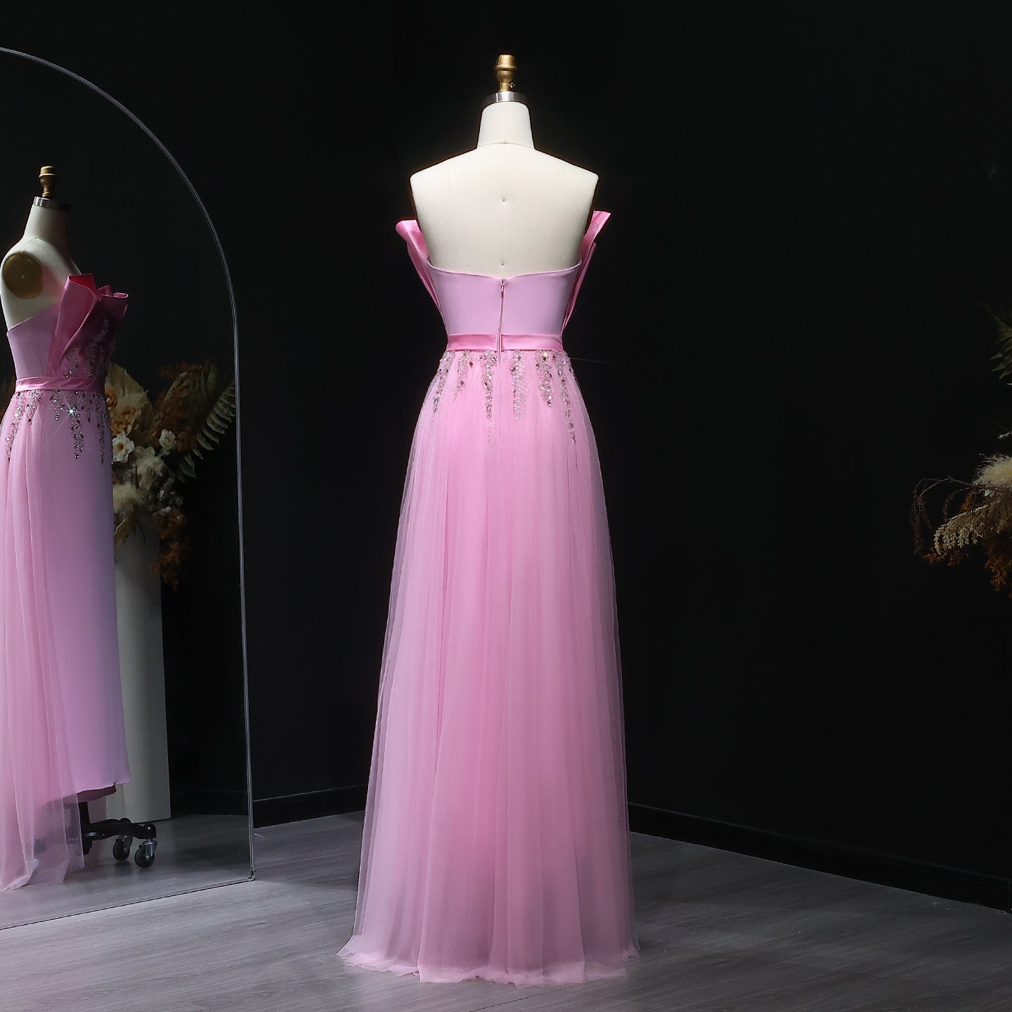 Elegant Pink Crystal Evening Dress with Overskirt SS213