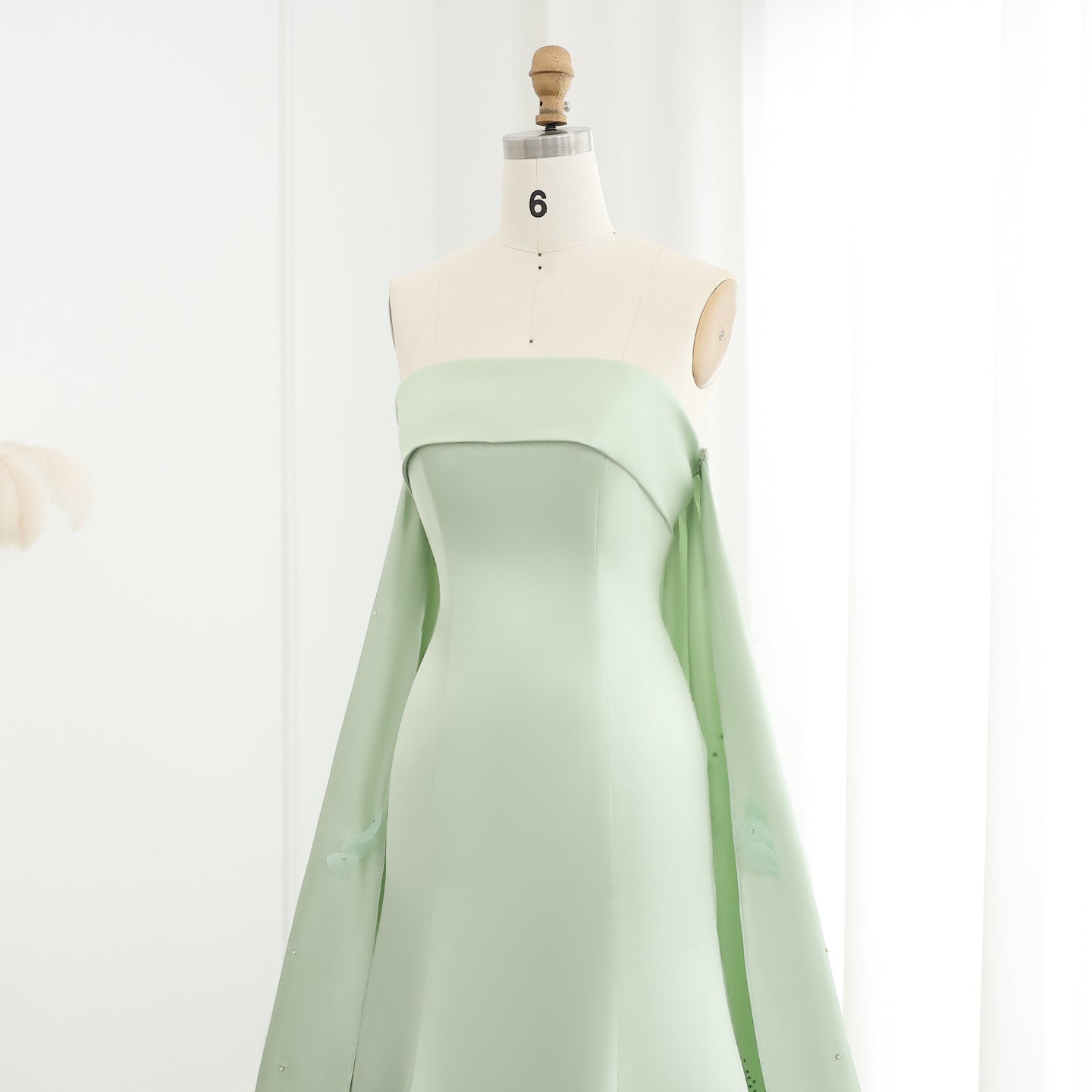 Luxury Crystal 3D Leaves Sage Green Evening Dress with Cape SS449