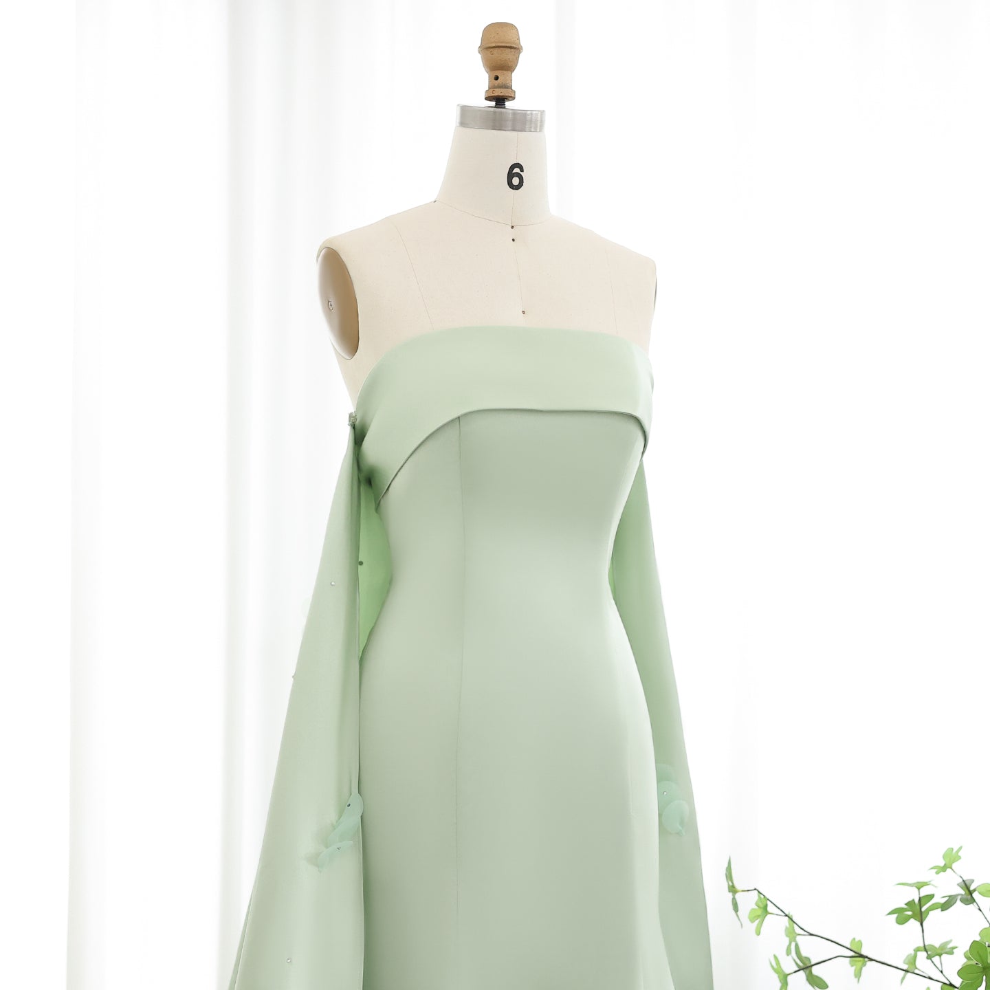 Luxury Crystal 3D Leaves Sage Green Evening Dress with Cape SS449
