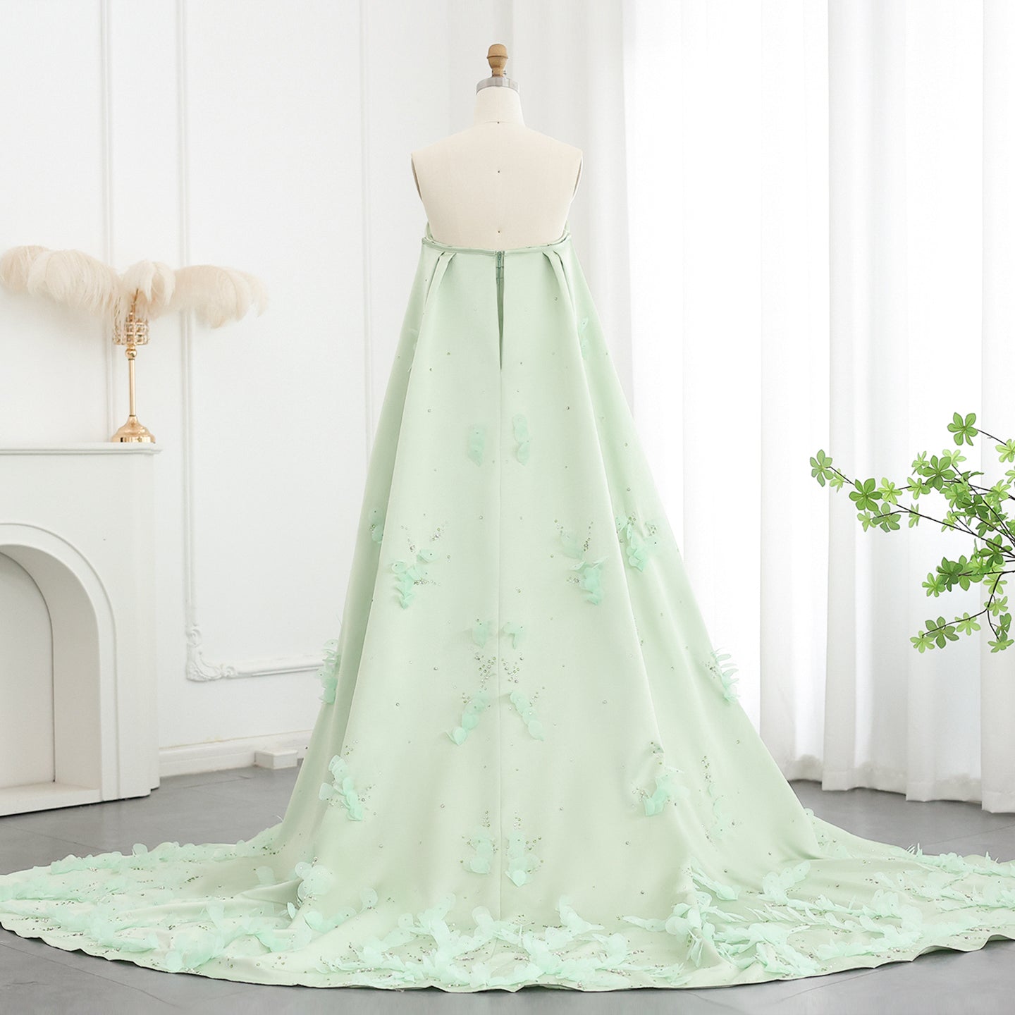 Luxury Crystal 3D Leaves Sage Green Evening Dress with Cape SS449