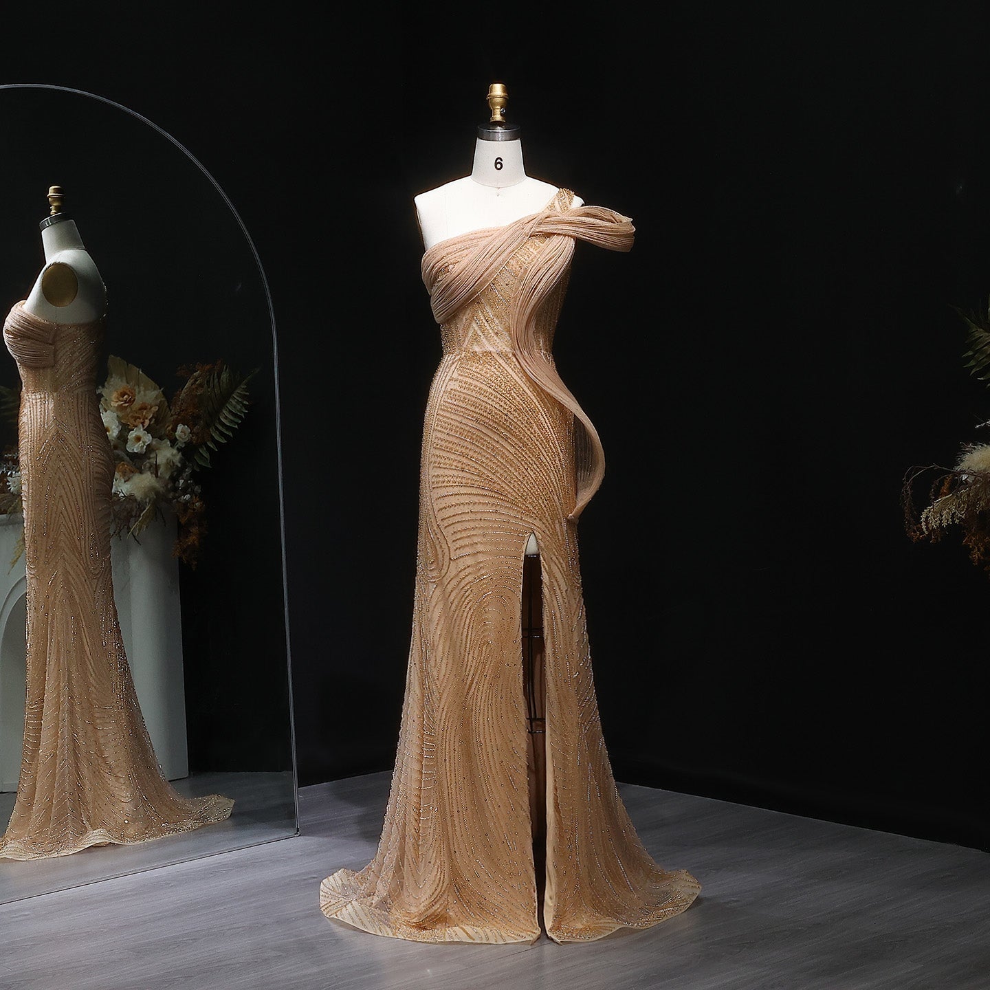 Luxury Crystal Beaded Caramel Evening Dress with Slit SS088