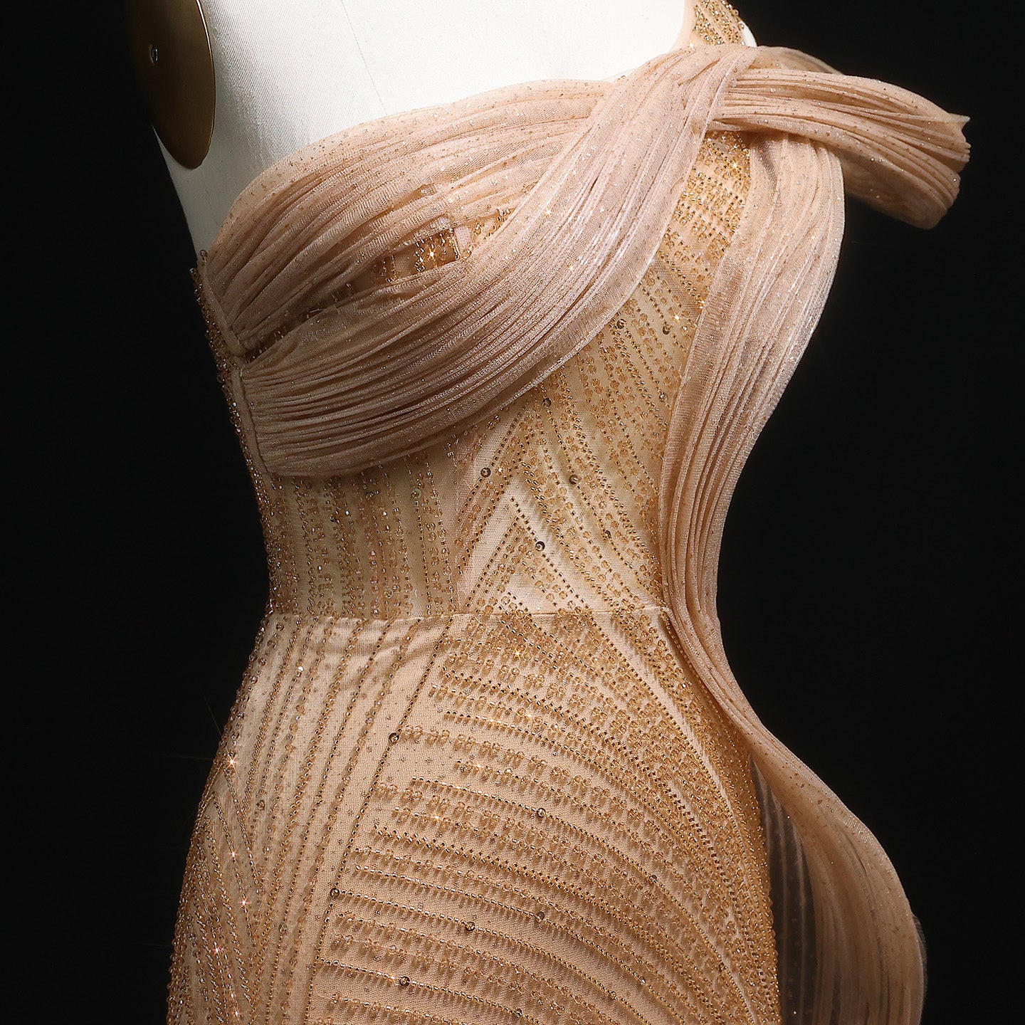 Luxury Crystal Beaded Caramel Evening Dress with Slit SS088