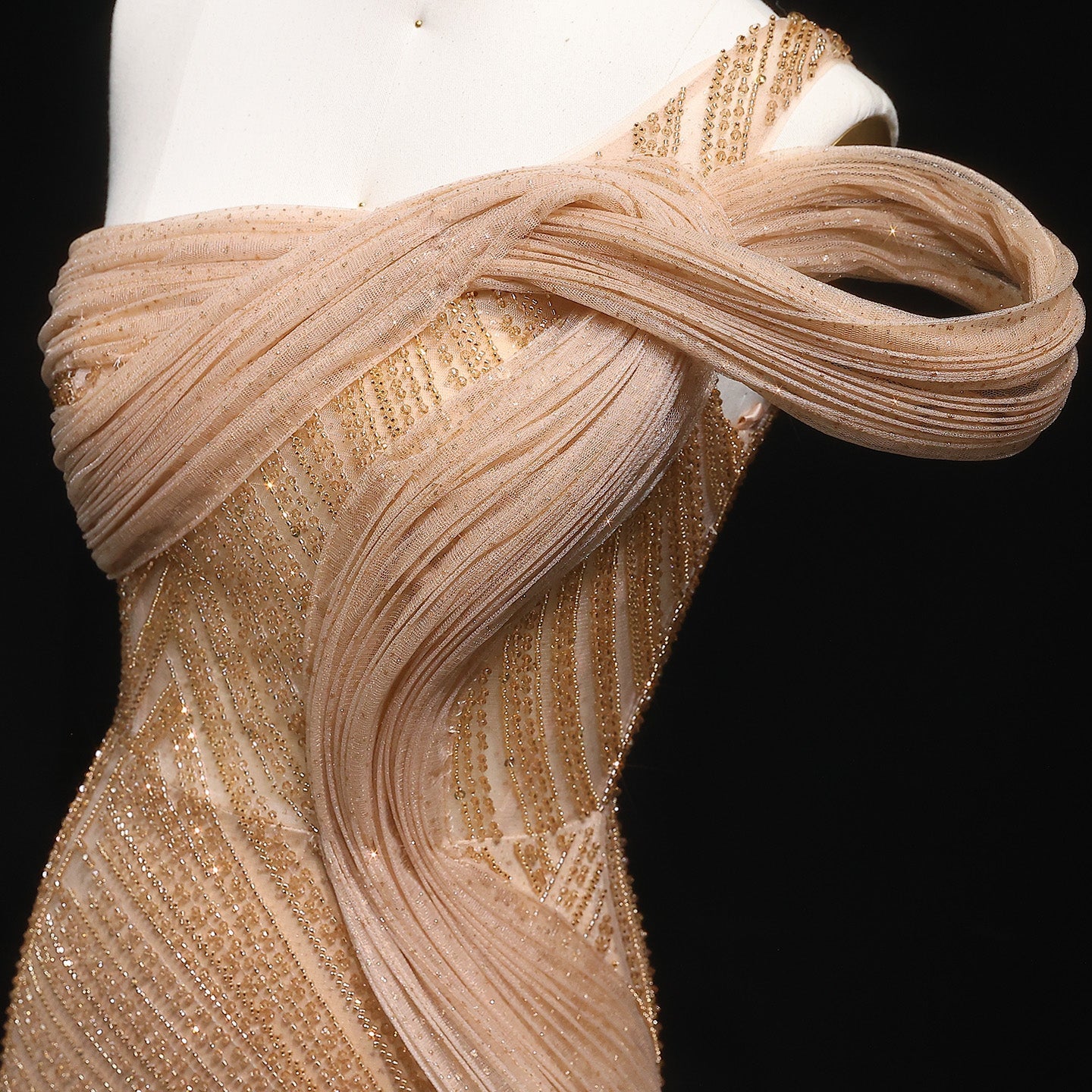 Luxury Crystal Beaded Caramel Evening Dress with Slit SS088