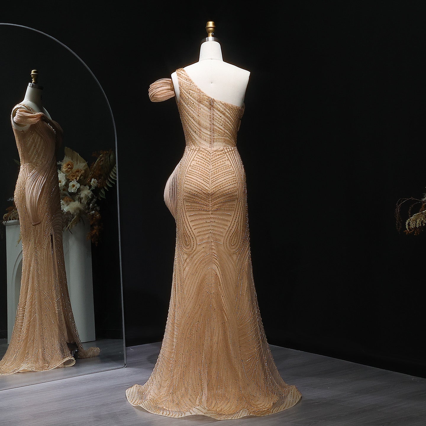 Luxury Crystal Beaded Caramel Evening Dress with Slit SS088