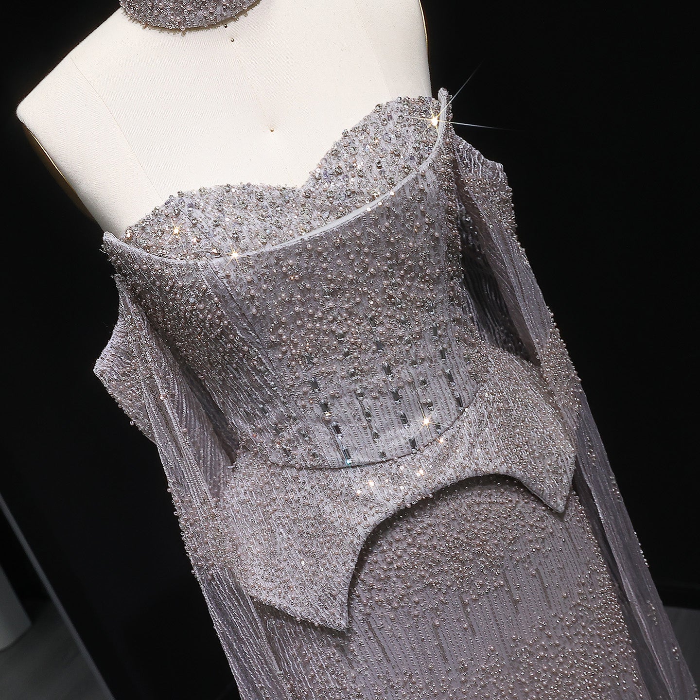 Stunning Gold Crystal Off Shoulder Evening Dress with Cape Sleeves SS558