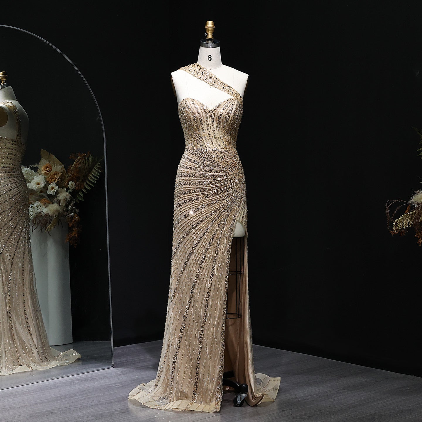 Luxury Crystal Champagne Evening Dress with Slit SS084