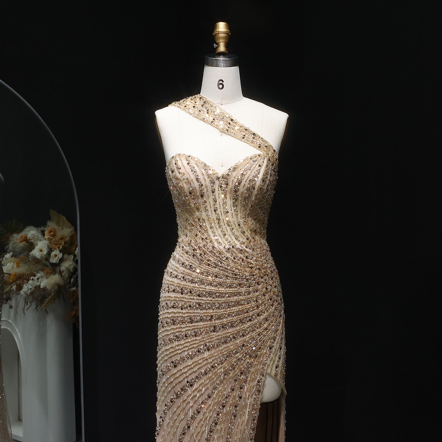 Luxury Crystal Champagne Evening Dress with Slit SS084