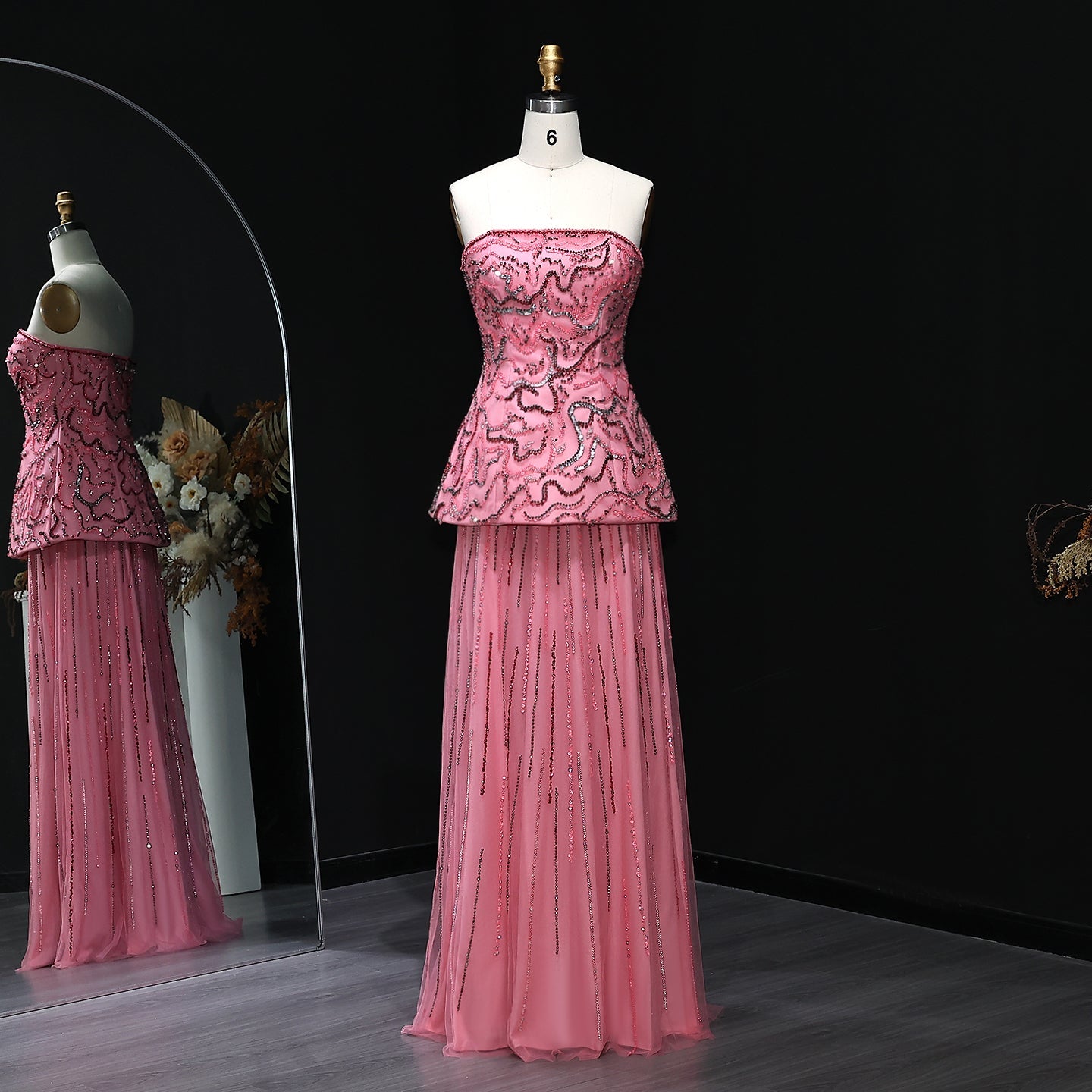 Elegant Rose Pink Crystal Sequin Two Pieces Evening Dress SS218 