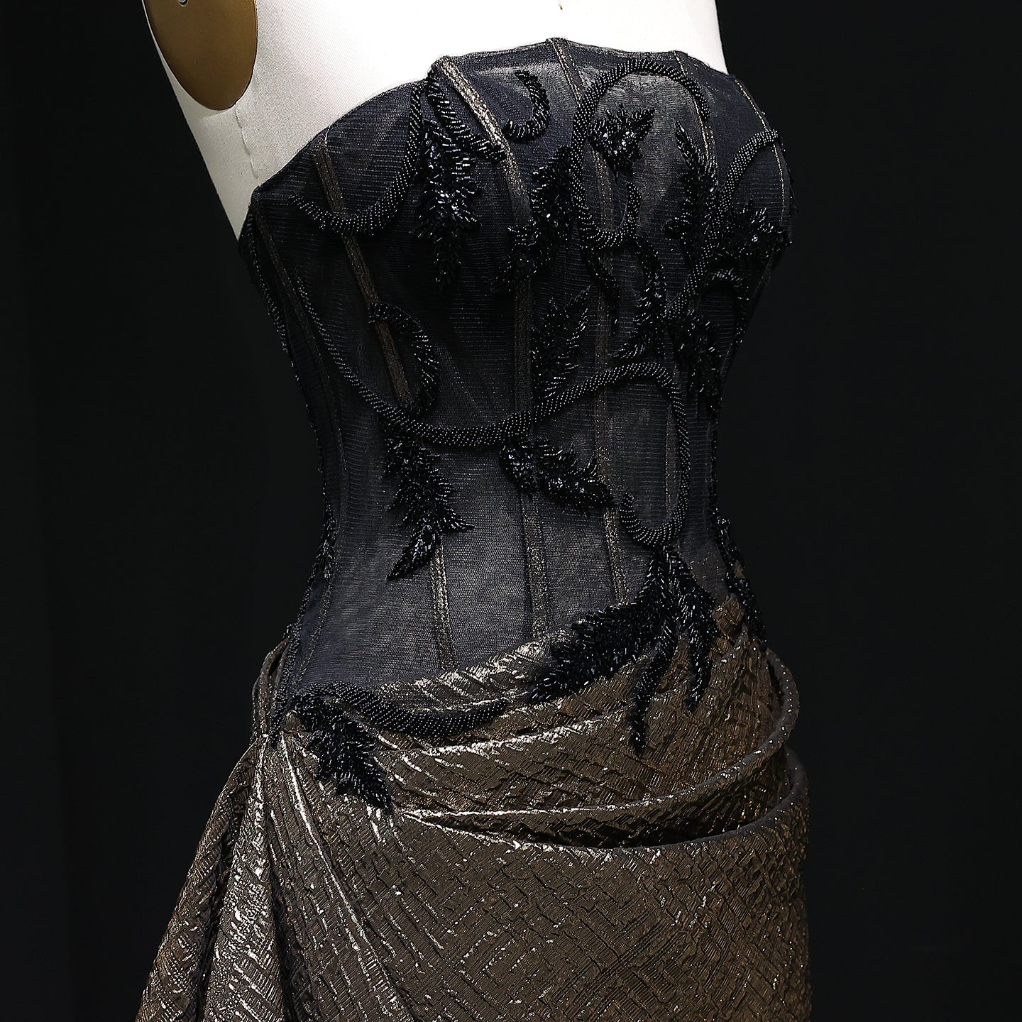 Luxury Crystal Black Bronze Strapless Evening Dress with Slit and Pleats SS241