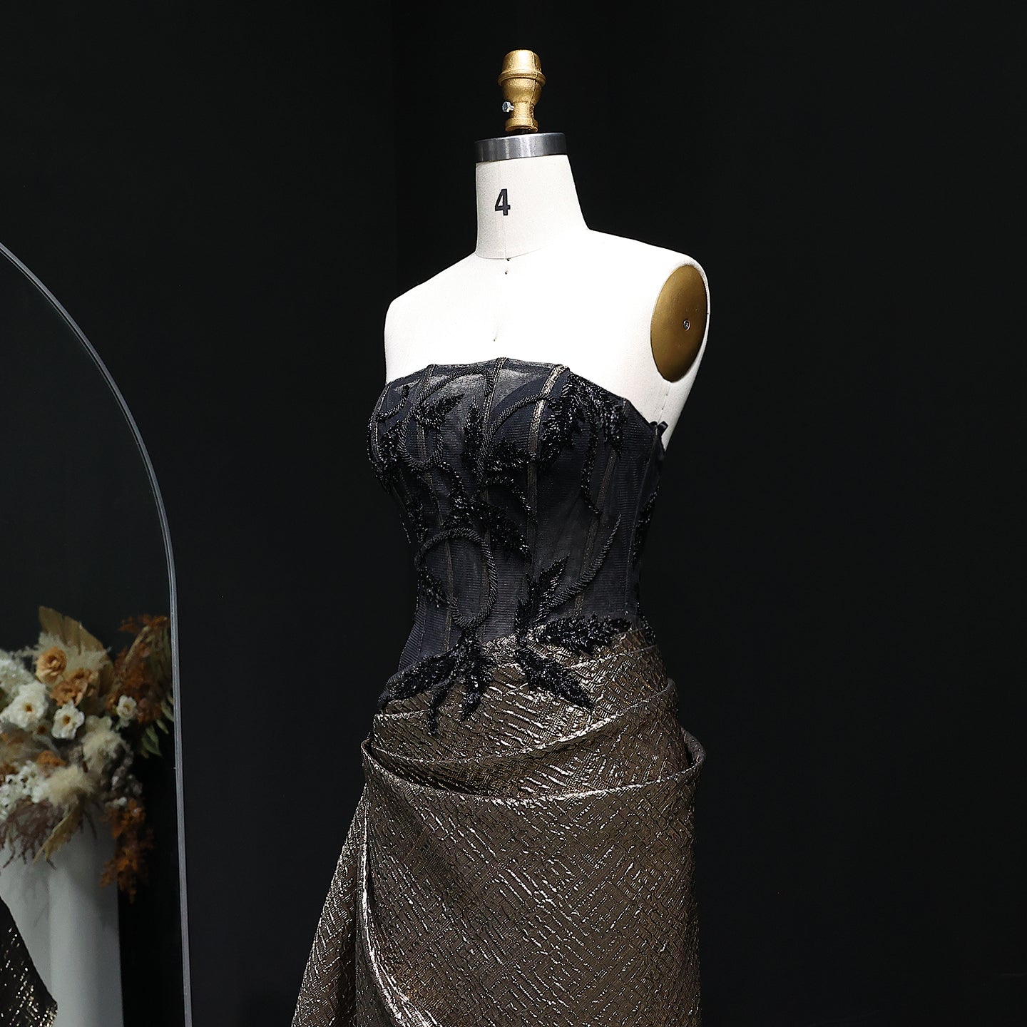 Luxury Crystal Black Bronze Strapless Evening Dress with Slit and Pleats SS241
