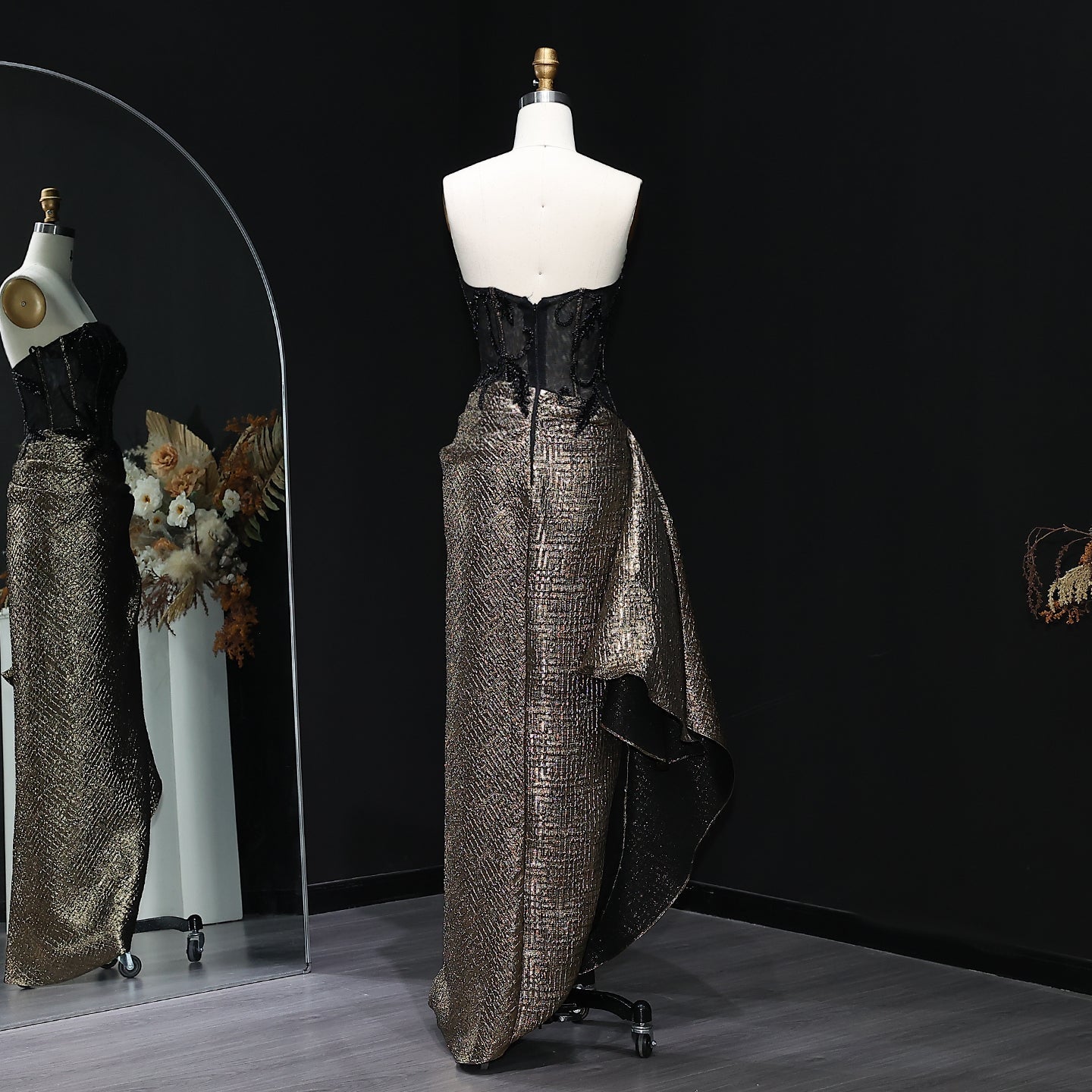 Luxury Crystal Black Bronze Strapless Evening Dress with Slit and Pleats SS241