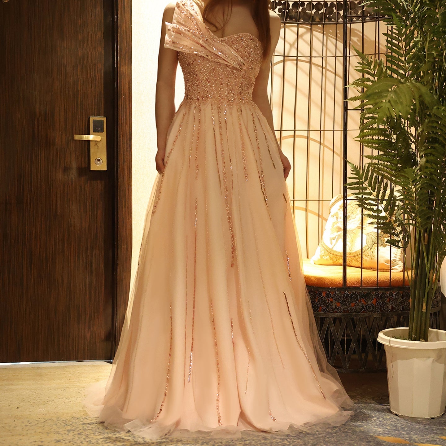 Luxury Beaded One Shoulder Pink Evening Dress SS417